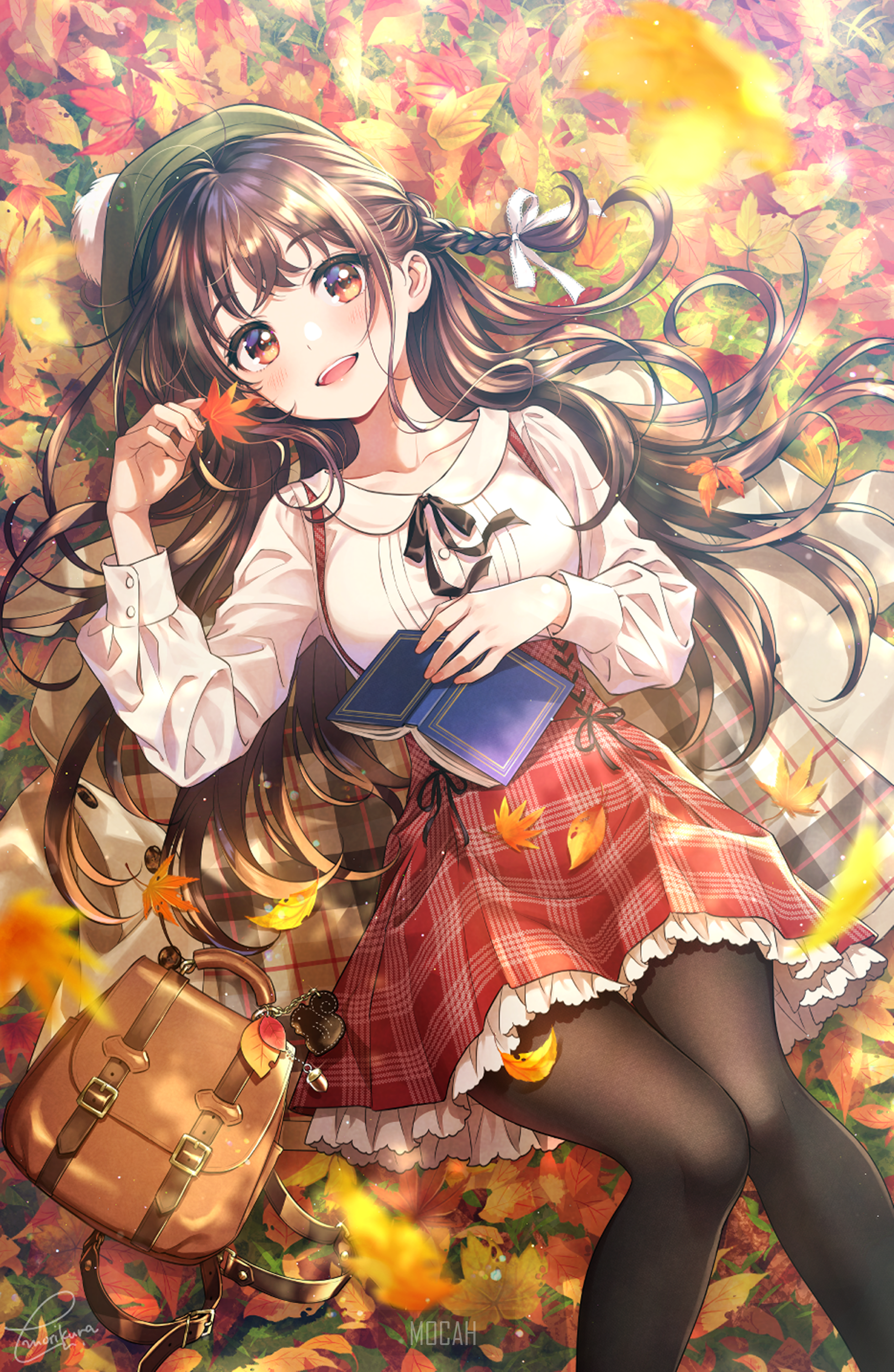 Anime Girl Relaxing on Autumn Leaves HD Phone Wallpaper