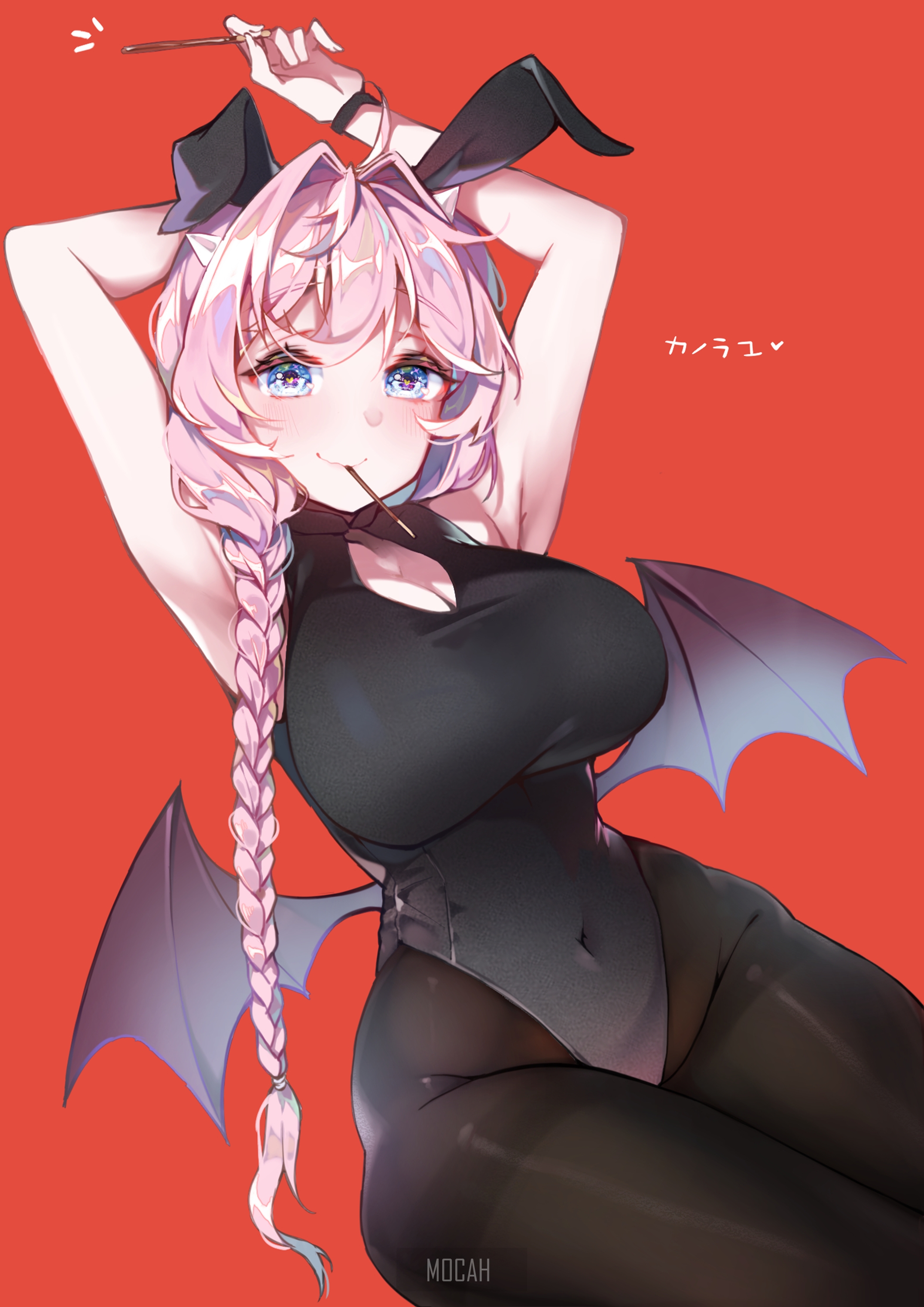Anime girl with pink hair and bat wings HD Phone Wallpaper