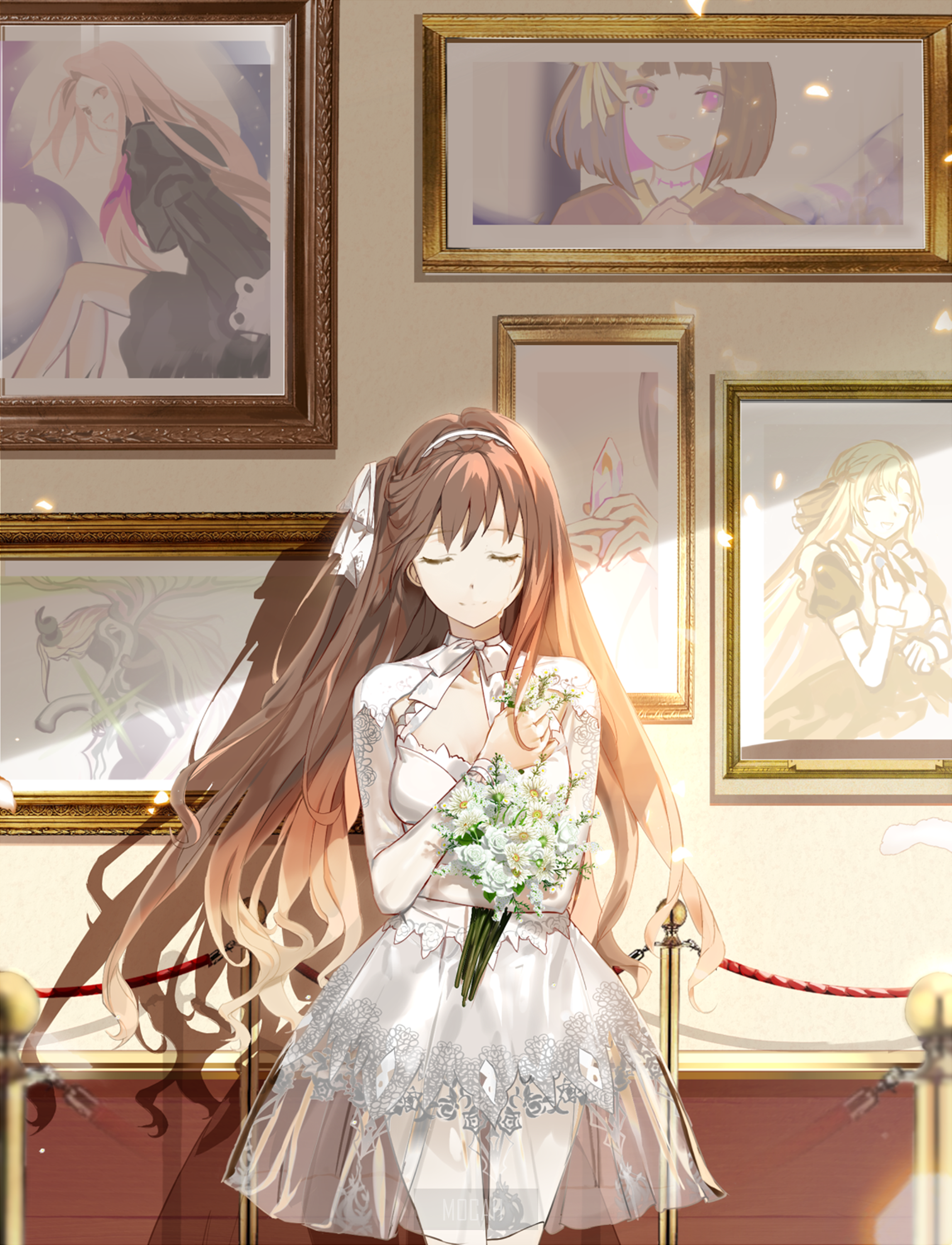 Anime girl in wedding dress holding flowers HD Phone Wallpaper