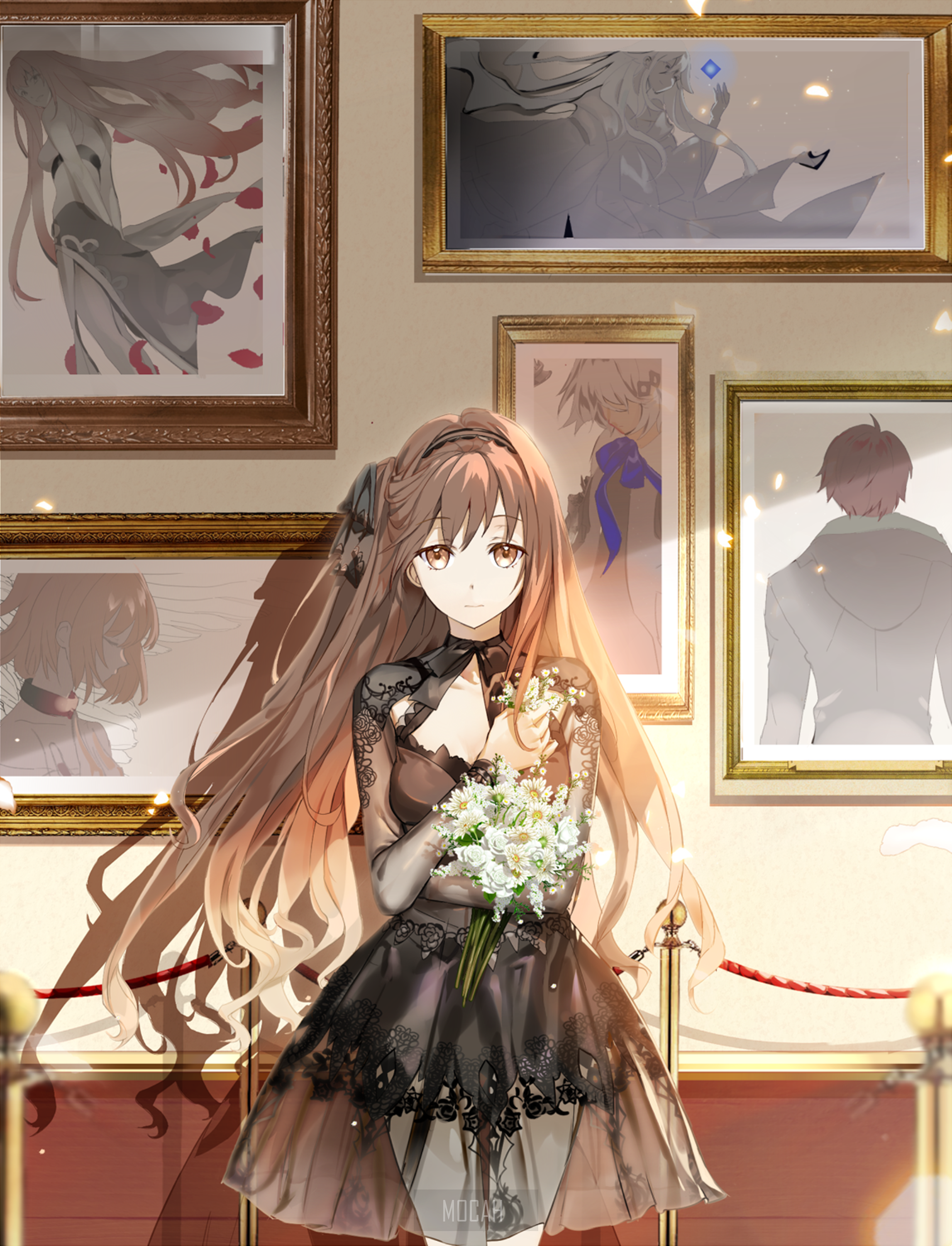 Anime girl in black dress holding flowers in front of paintings HD Phone Wallpaper