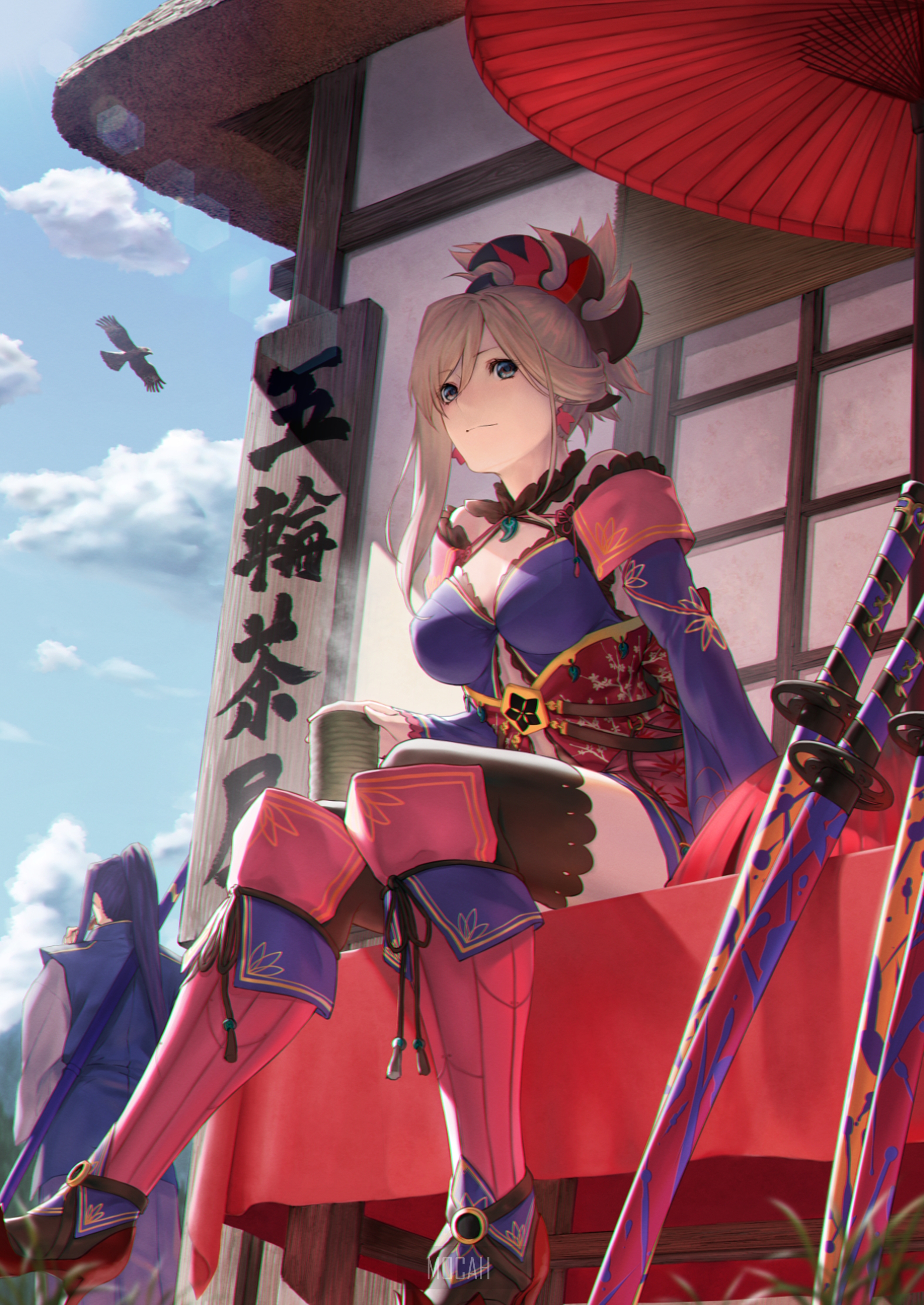 Anime girl with swords and parasol HD Phone Wallpaper