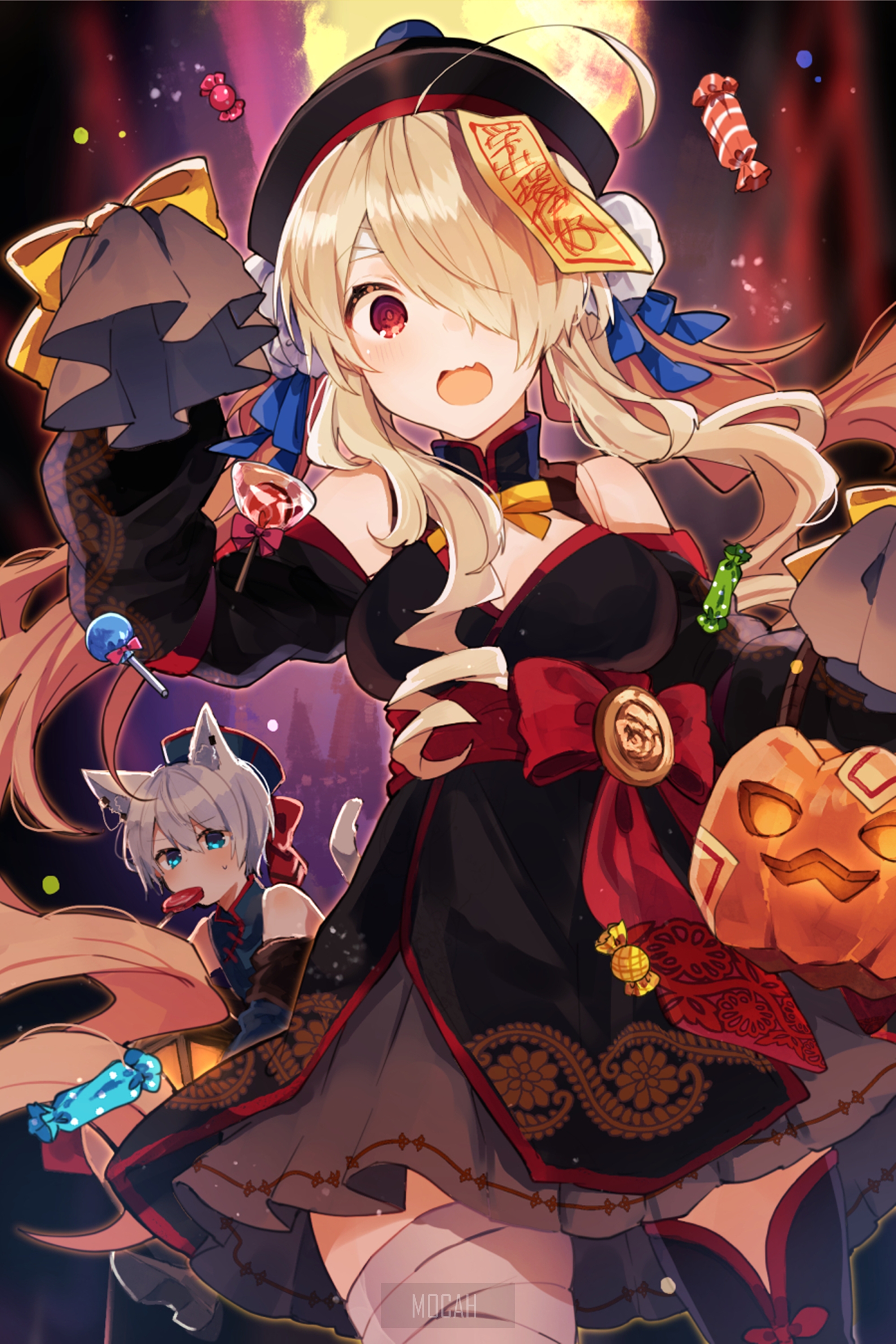 Anime girls in Halloween costumes with candy and pumpkins HD Phone Wallpaper