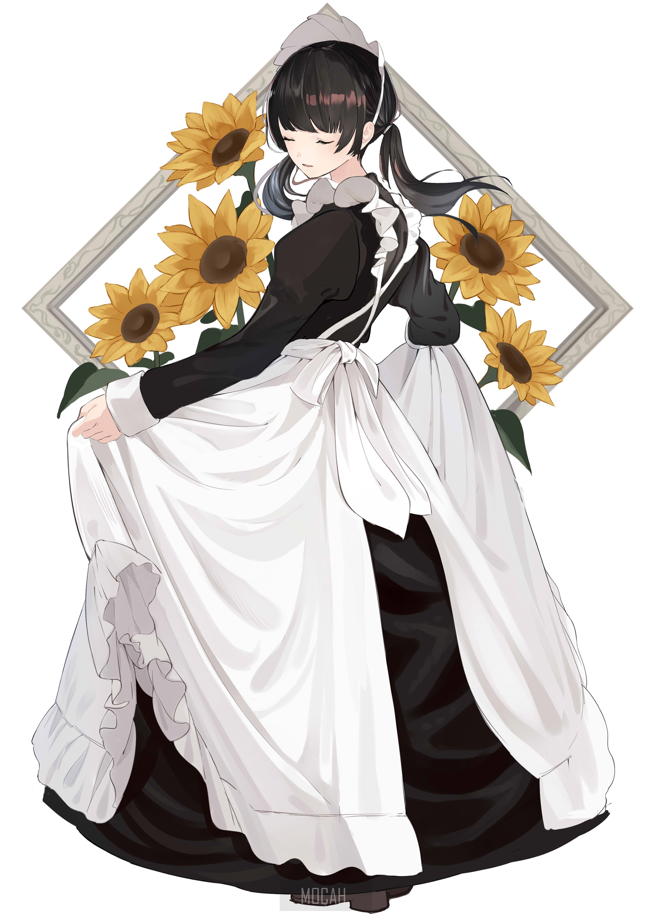 Anime girl in maid outfit with sunflowers HD Phone Wallpaper
