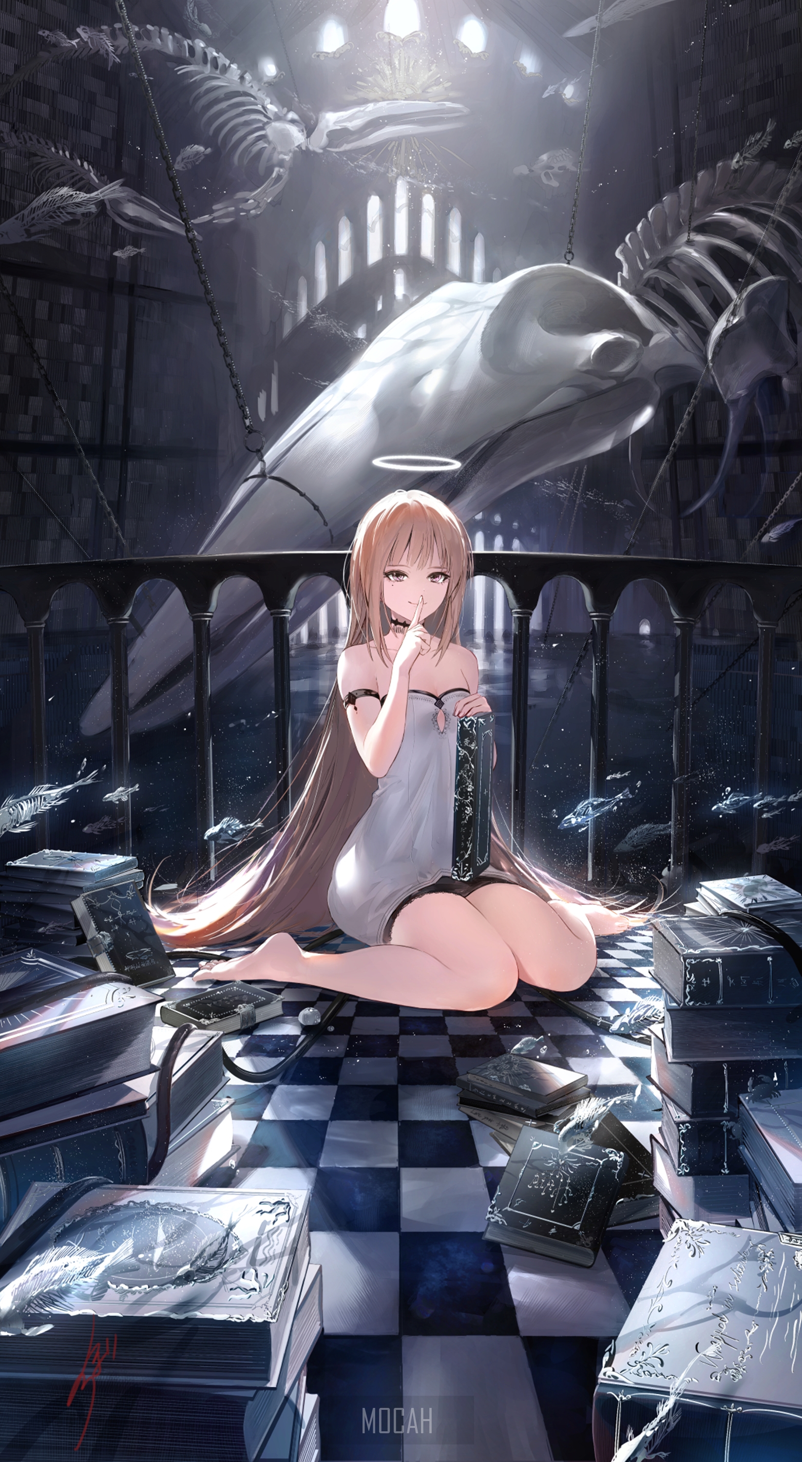 Anime girl with halo and books in a dark hall HD Phone Wallpaper