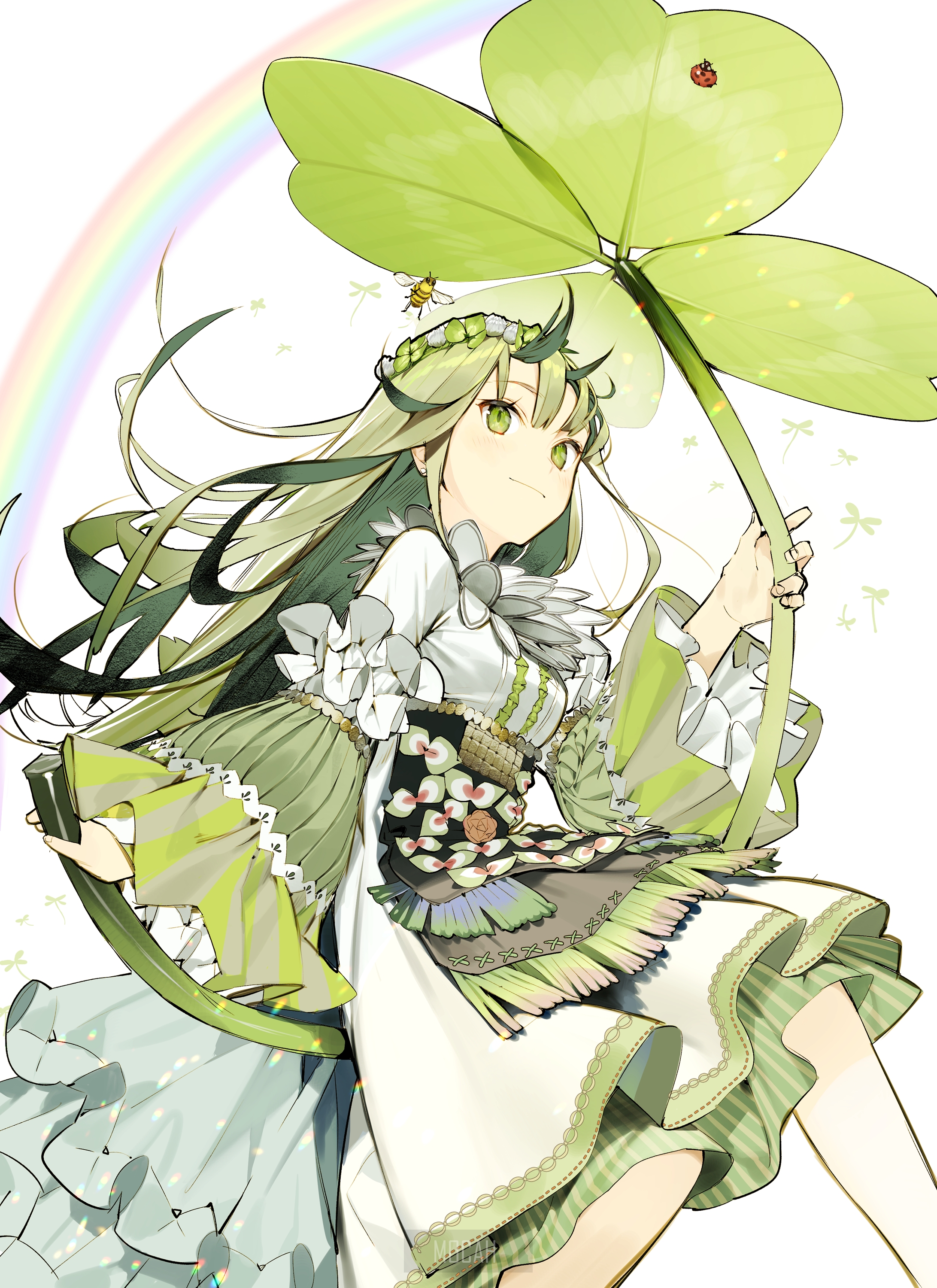 Anime girl with clover and rainbow HD Phone Wallpaper