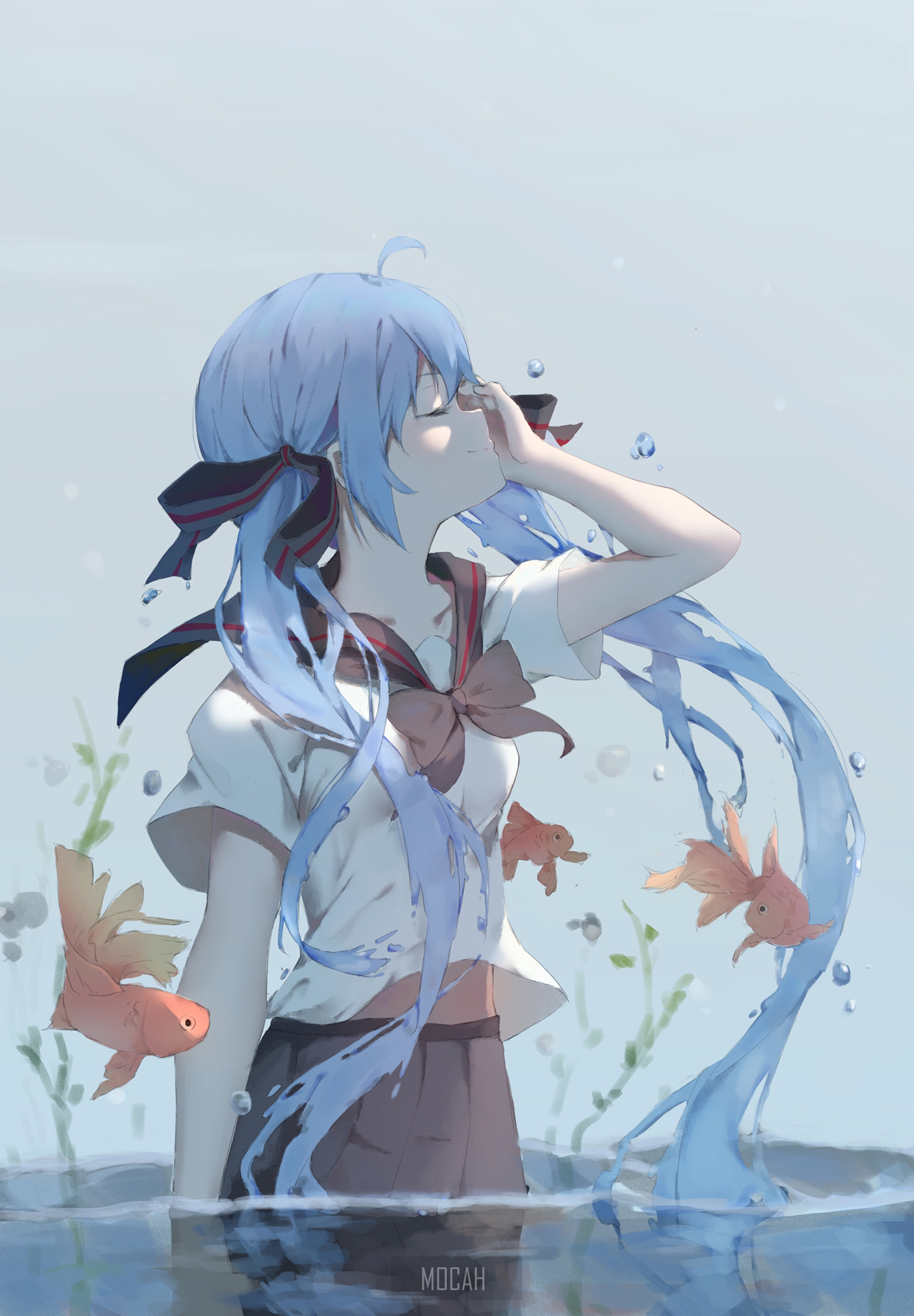 Anime girl with blue hair in a school uniform with goldfish HD Phone Wallpaper