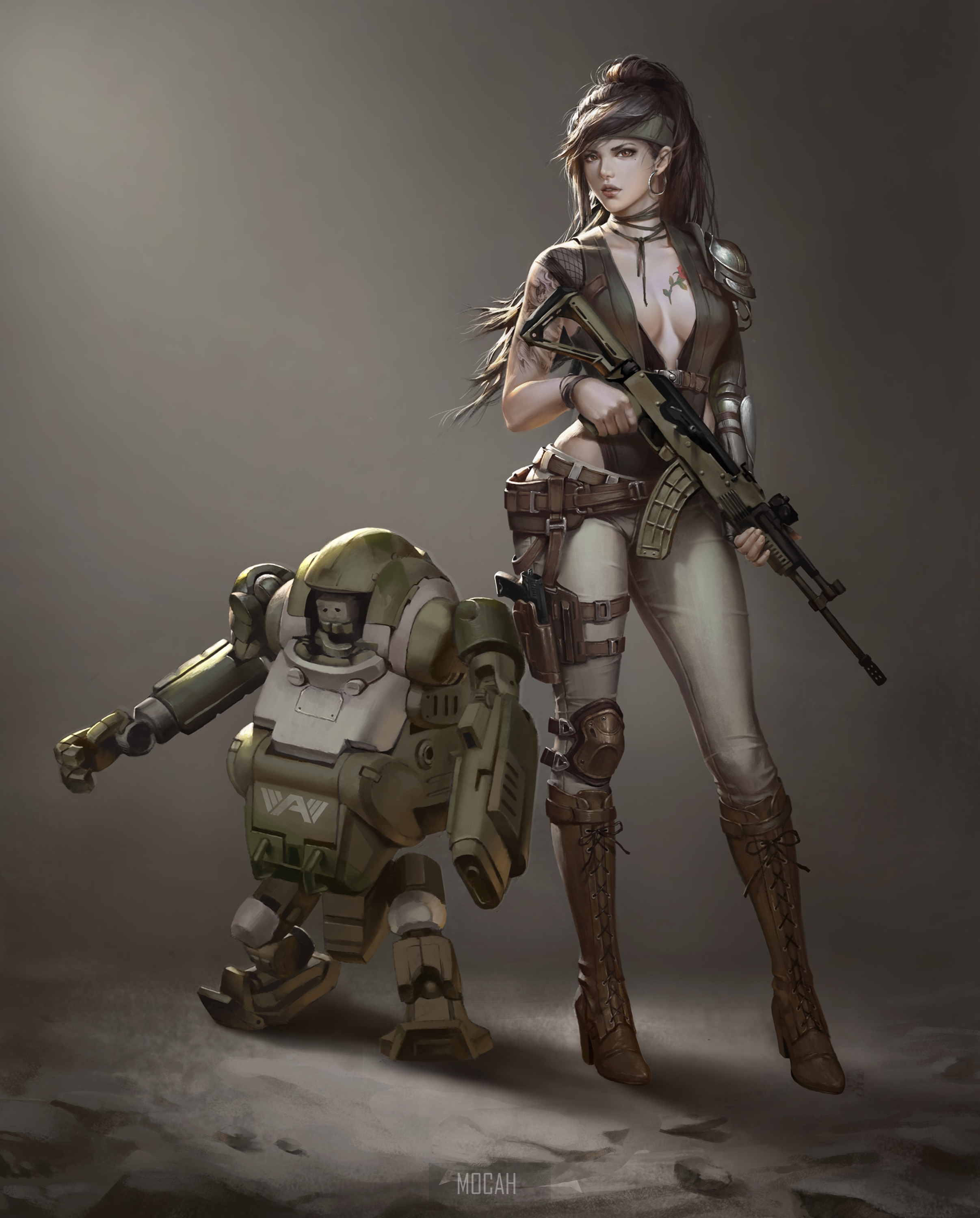 Anime girl with rifle and robot companion HD Phone Wallpaper