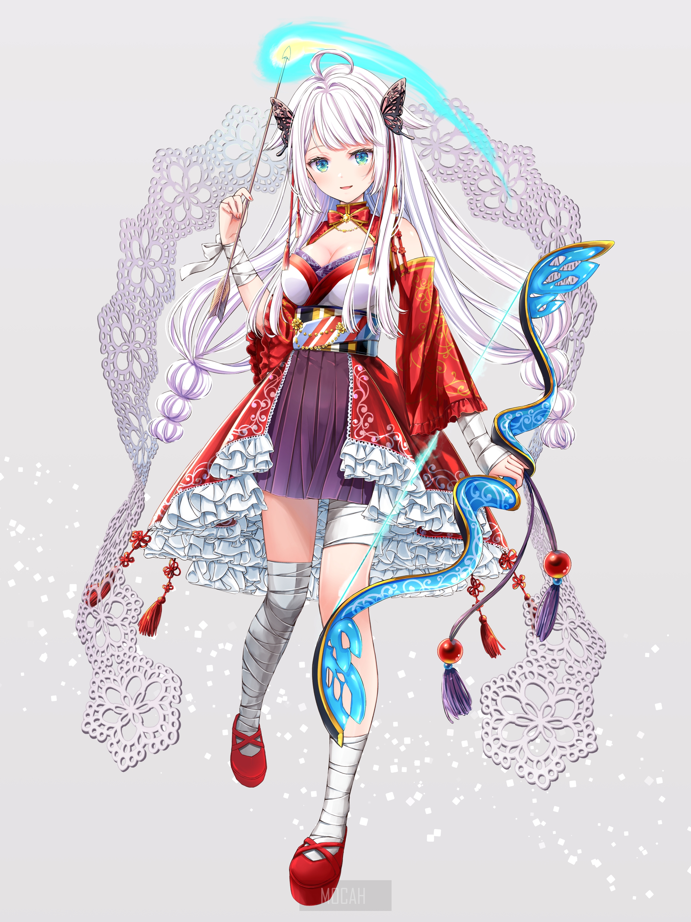 Anime girl with white hair and bow HD Phone Wallpaper