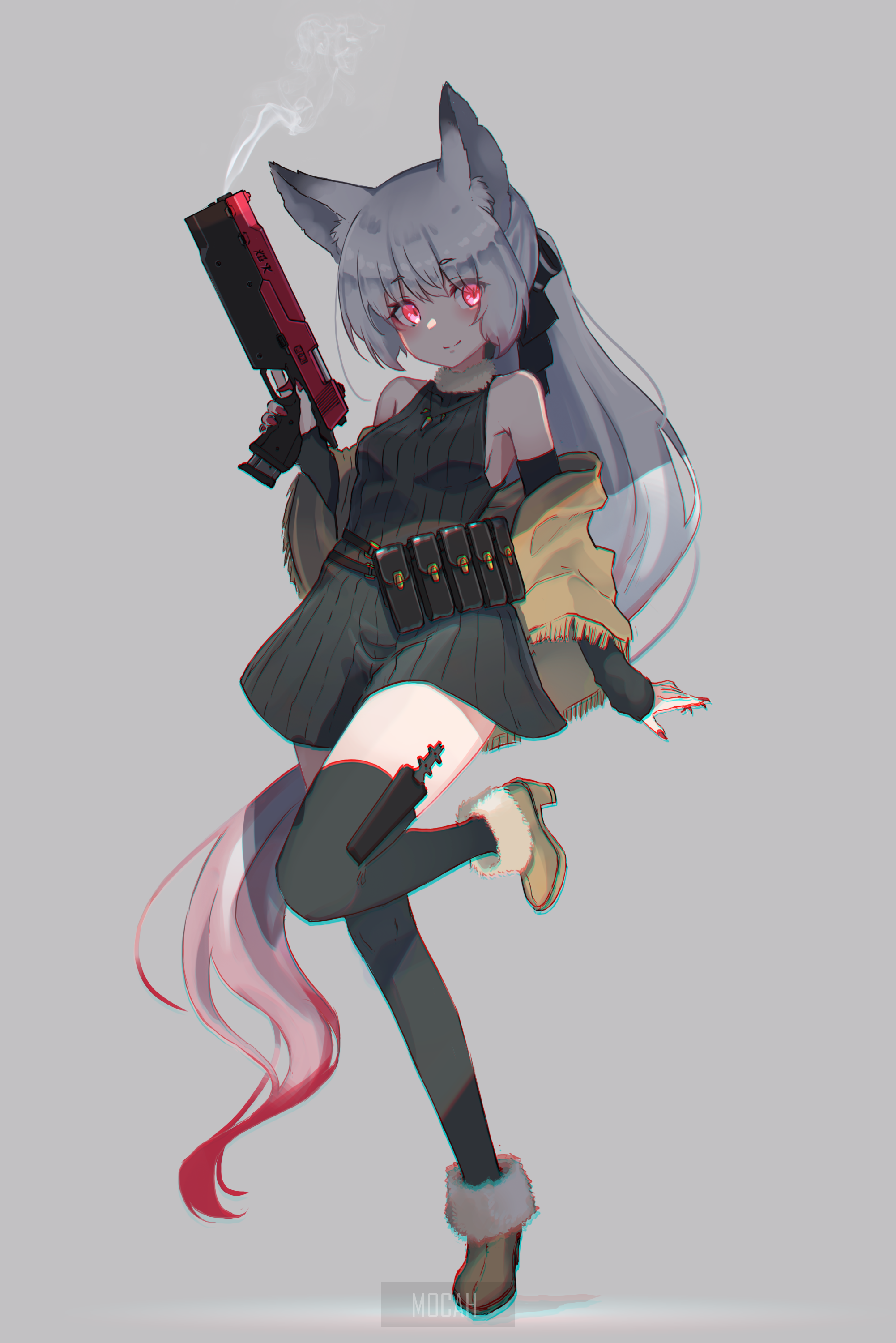 Anime girl with wolf ears holding a gun HD Phone Wallpaper