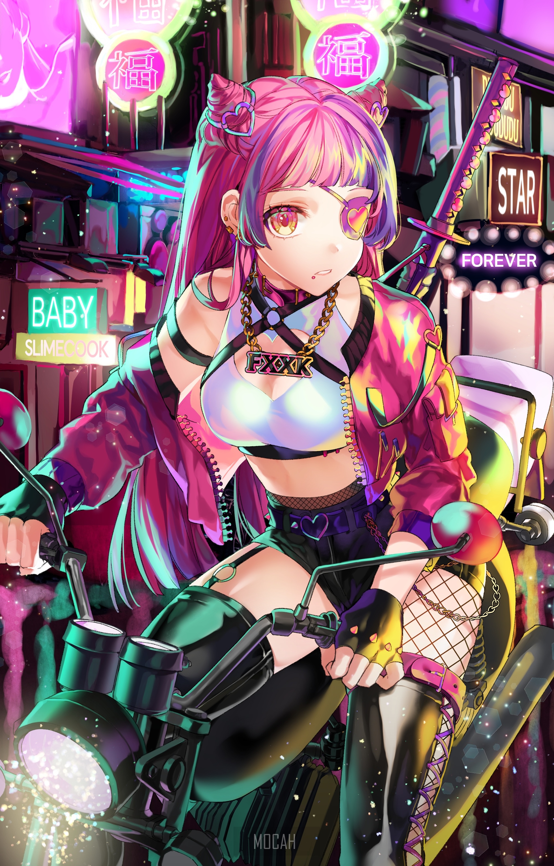 Futuristic Neon Anime Girl with Sword HD Phone Wallpaper