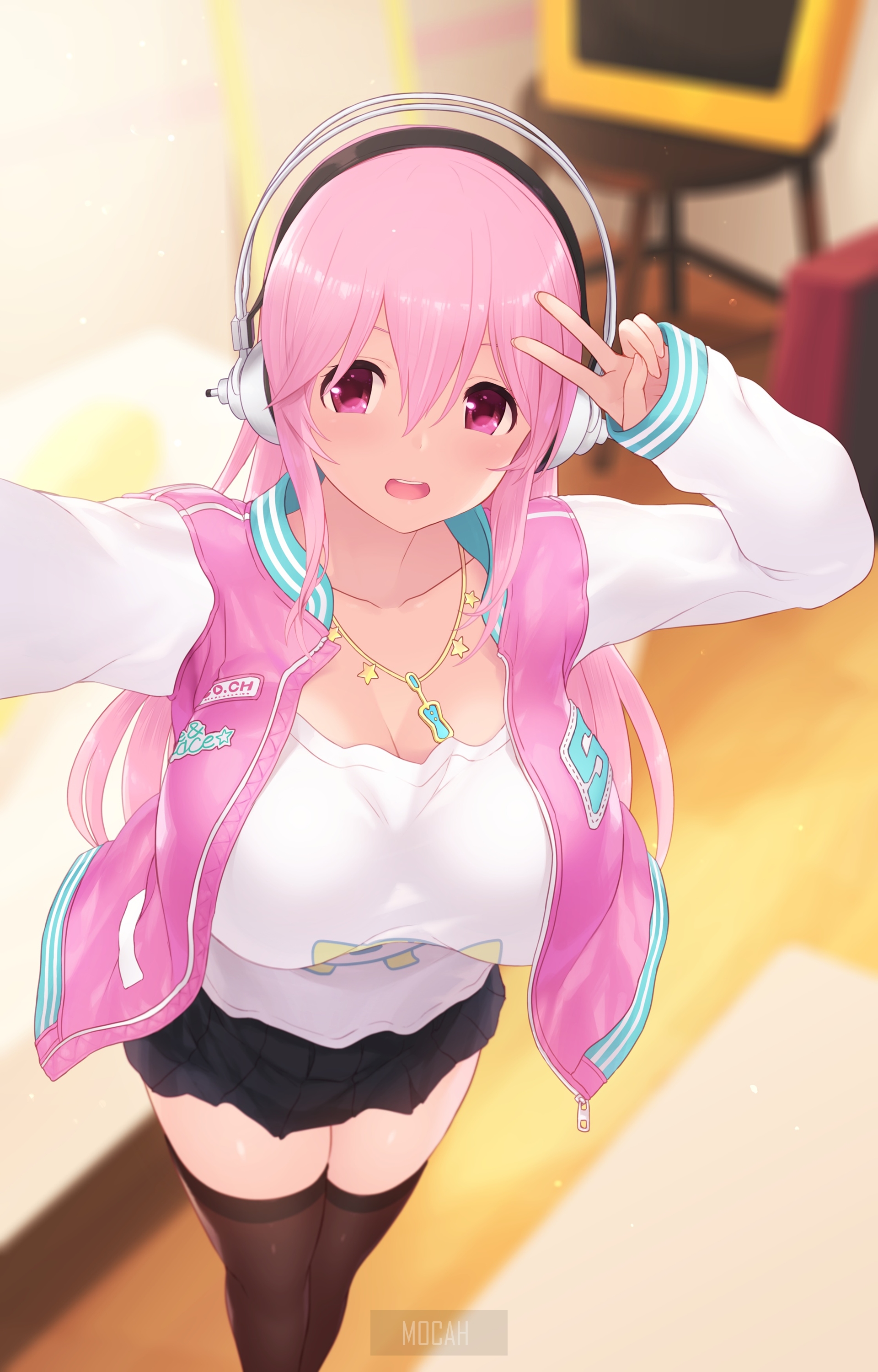 Super Sonico with headphones taking a selfie HD Phone Wallpaper