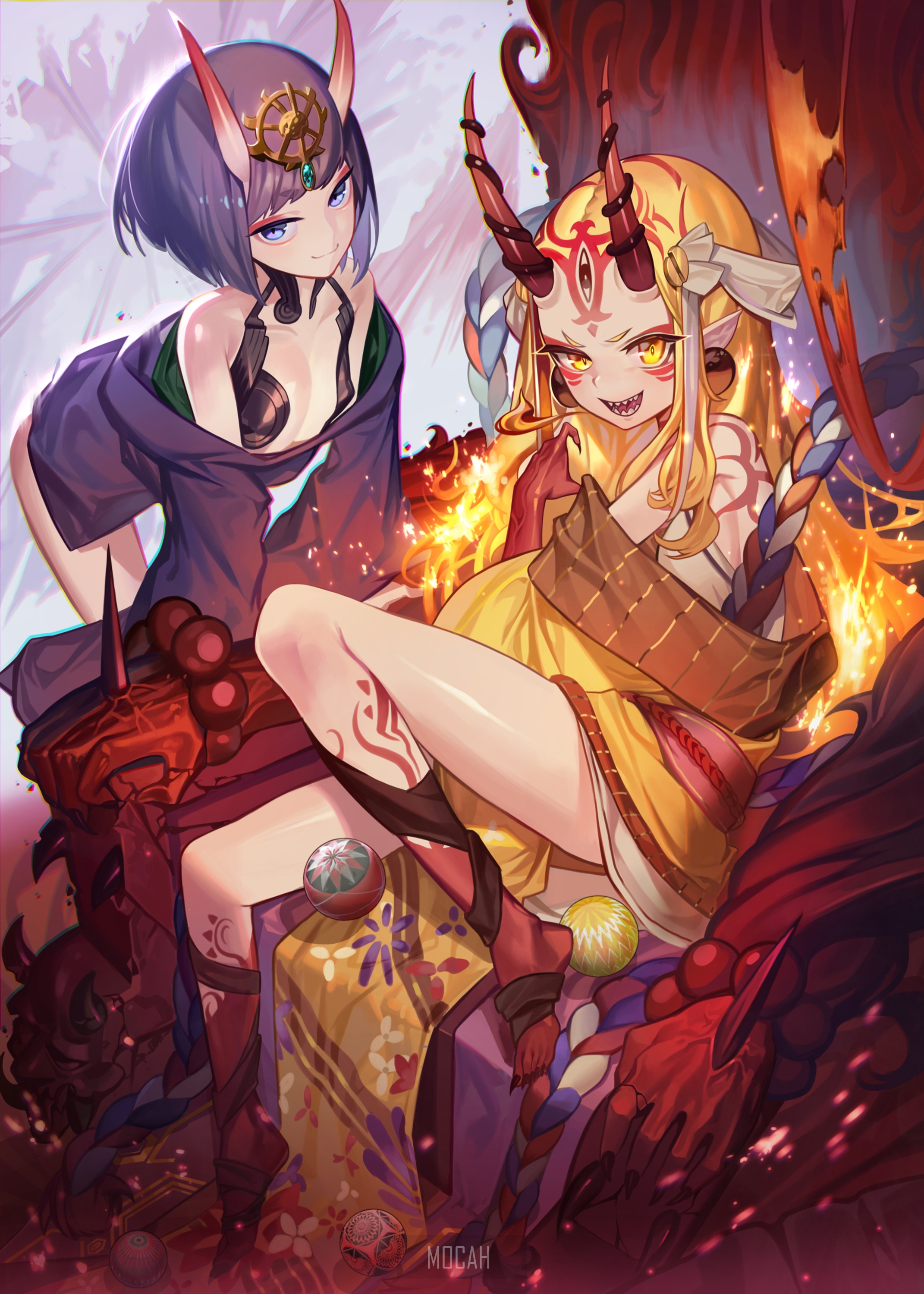 Two anime girls with horns and traditional Japanese clothing HD Phone Wallpaper