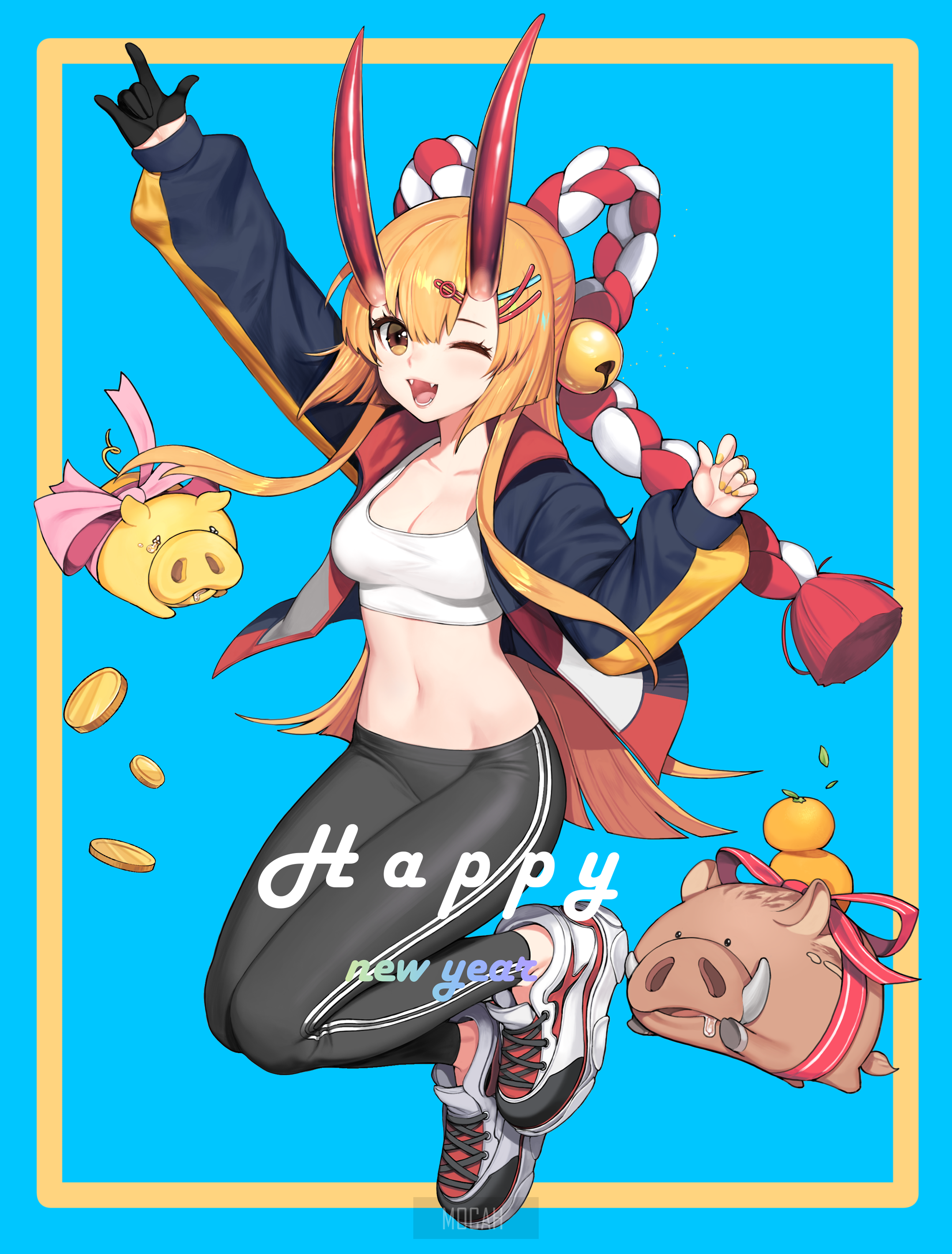 Anime girl with horns and pigs celebrating New Year HD Phone Wallpaper