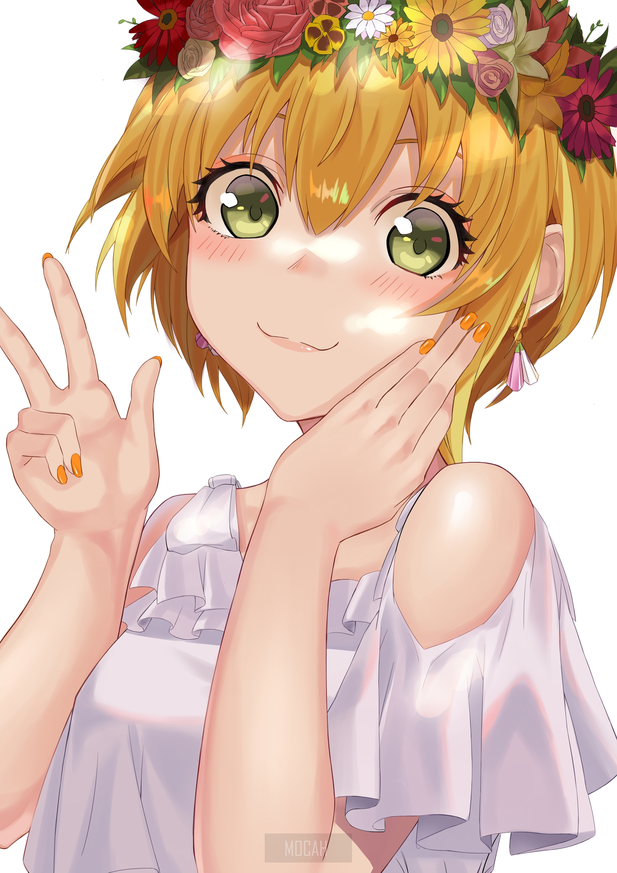 Anime girl with flower crown and white dress HD Phone Wallpaper