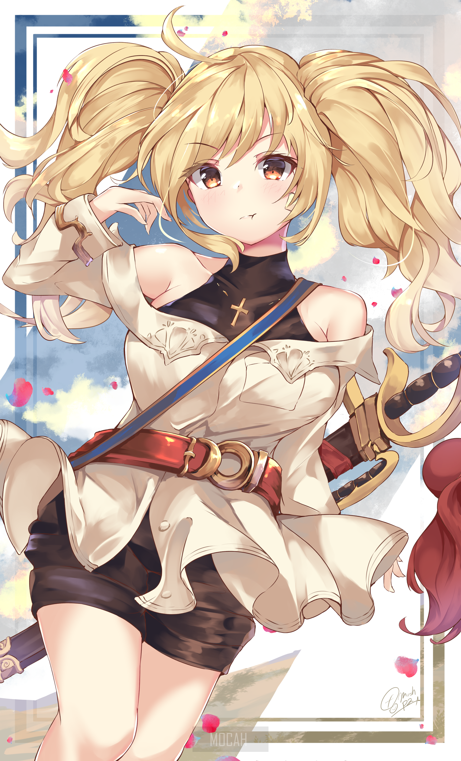 Anime girl with blonde pigtails and sword HD Phone Wallpaper