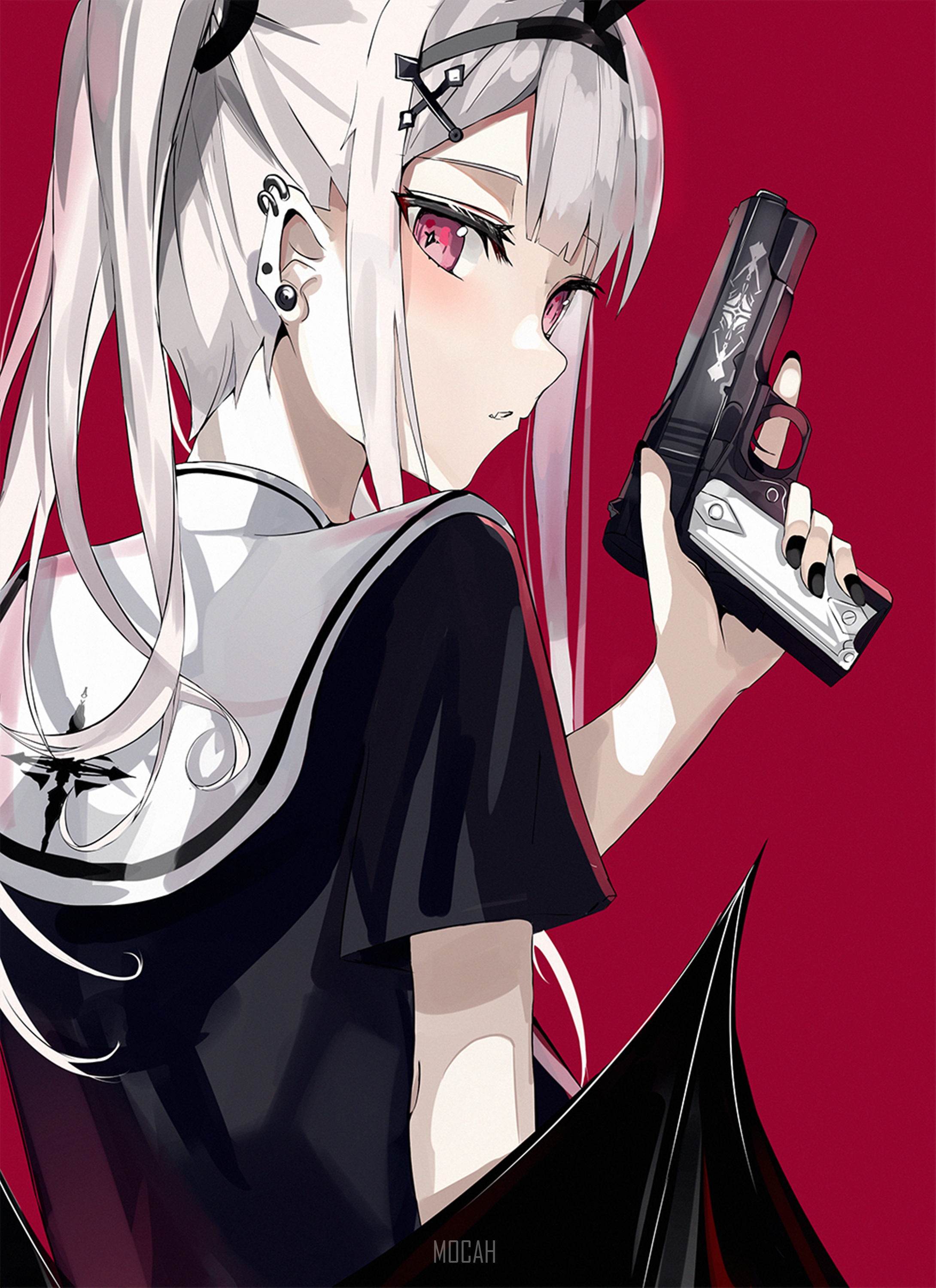 Anime girl with white hair holding a gun HD Phone Wallpaper