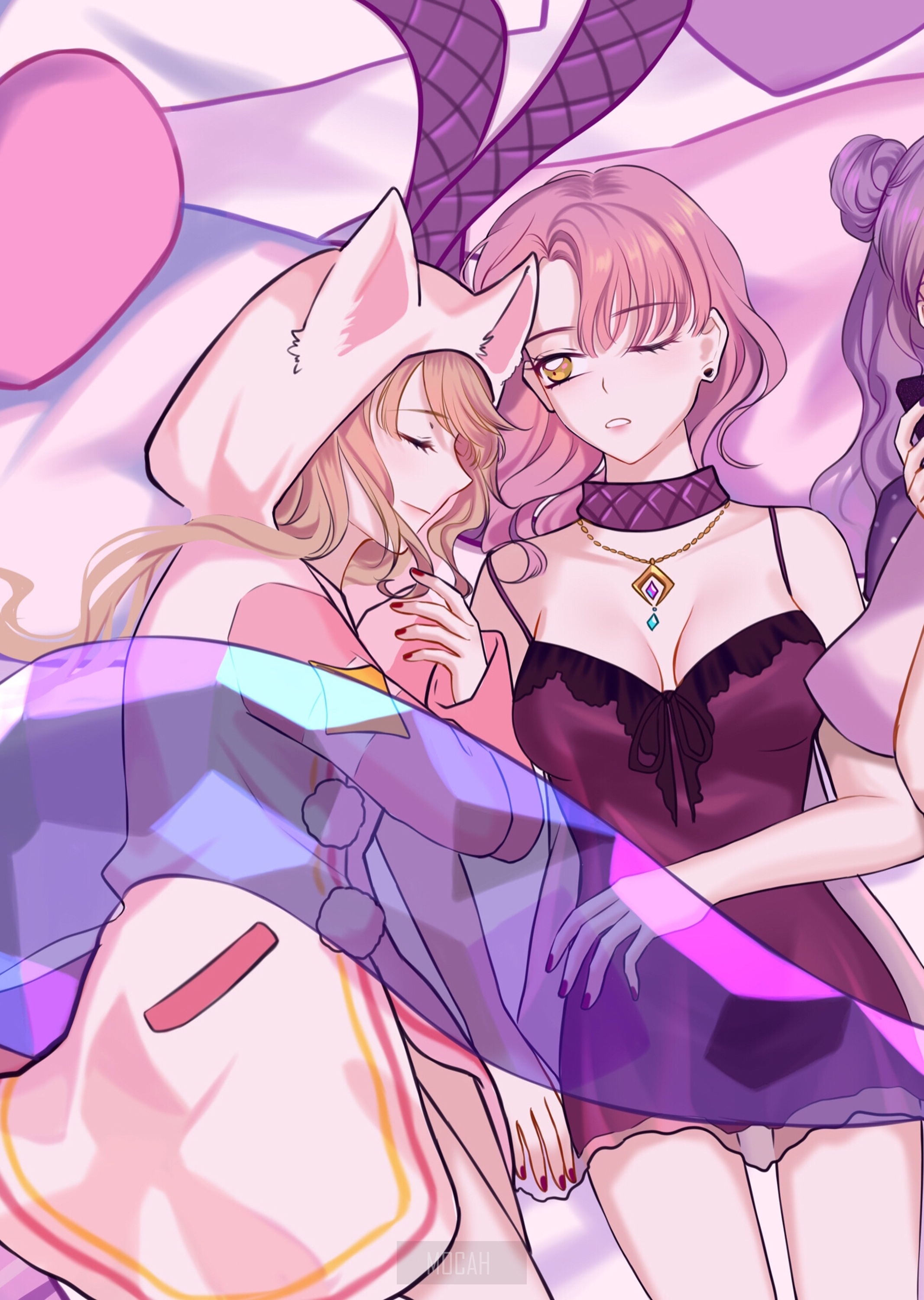 Anime girls in bunny ears on a bed HD Phone Wallpaper