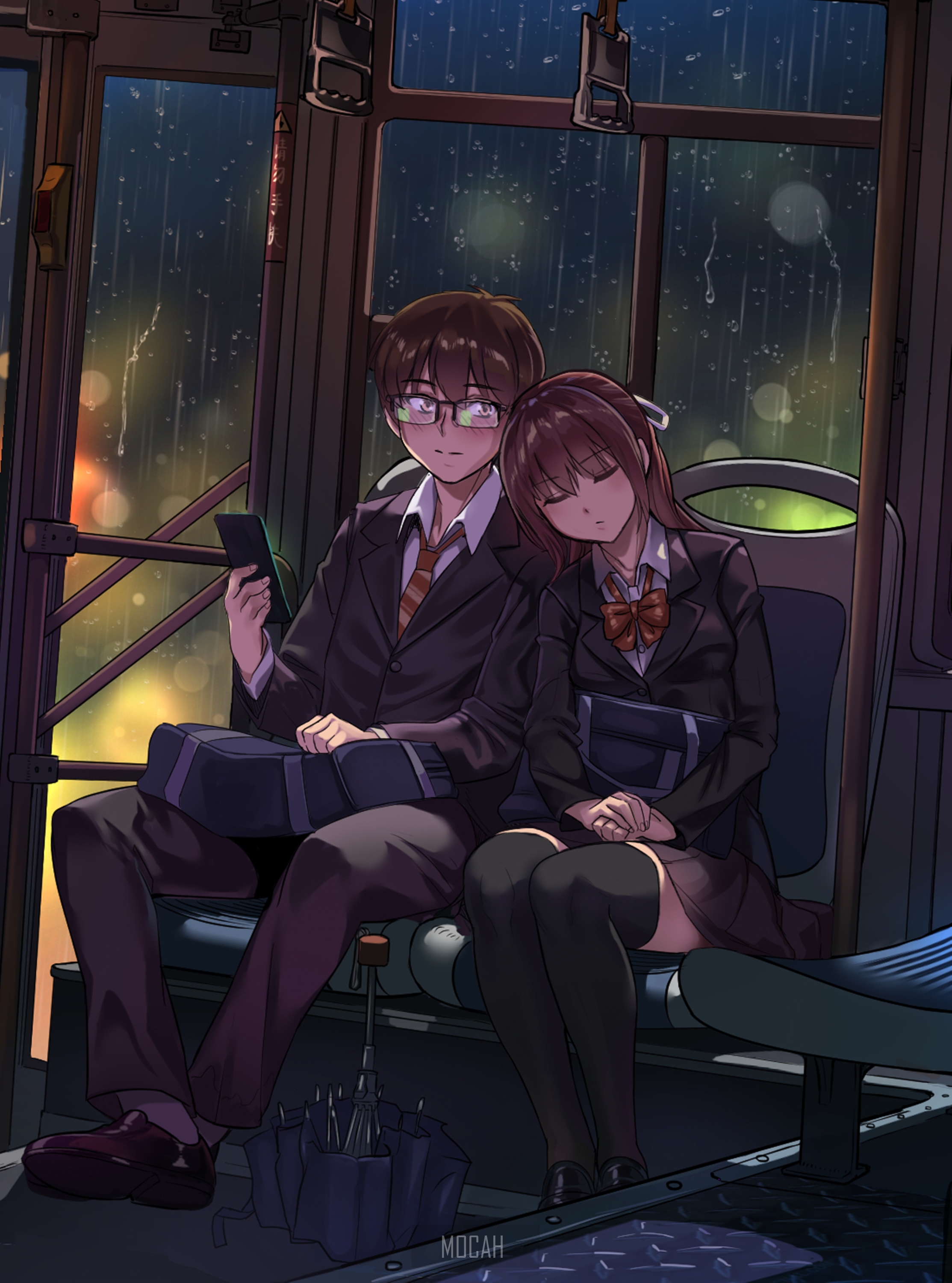 Anime couple sleeping on a bus at night HD Phone Wallpaper