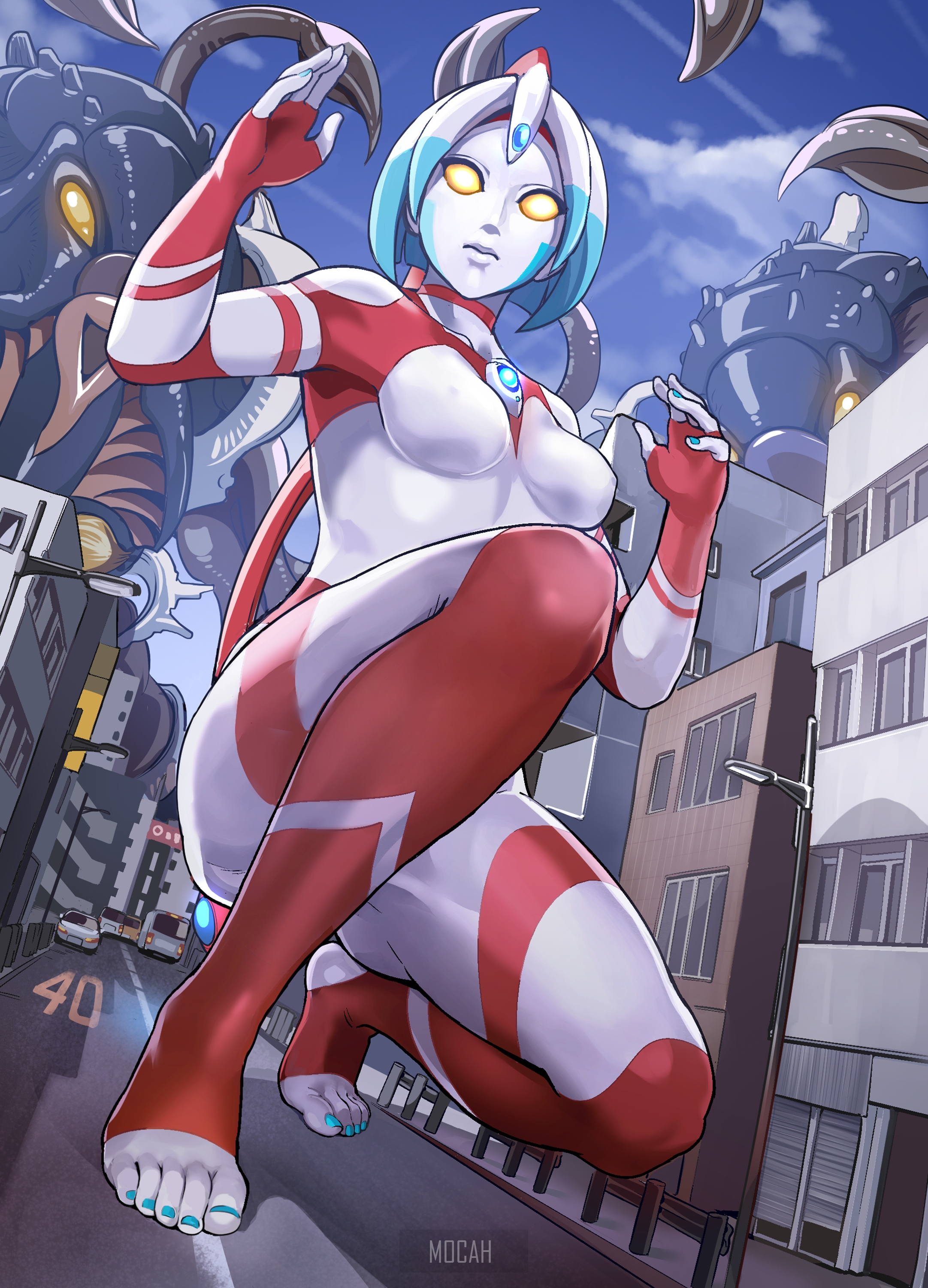 Anime girl in red and white bodysuit with yellow eyes HD Phone Wallpaper