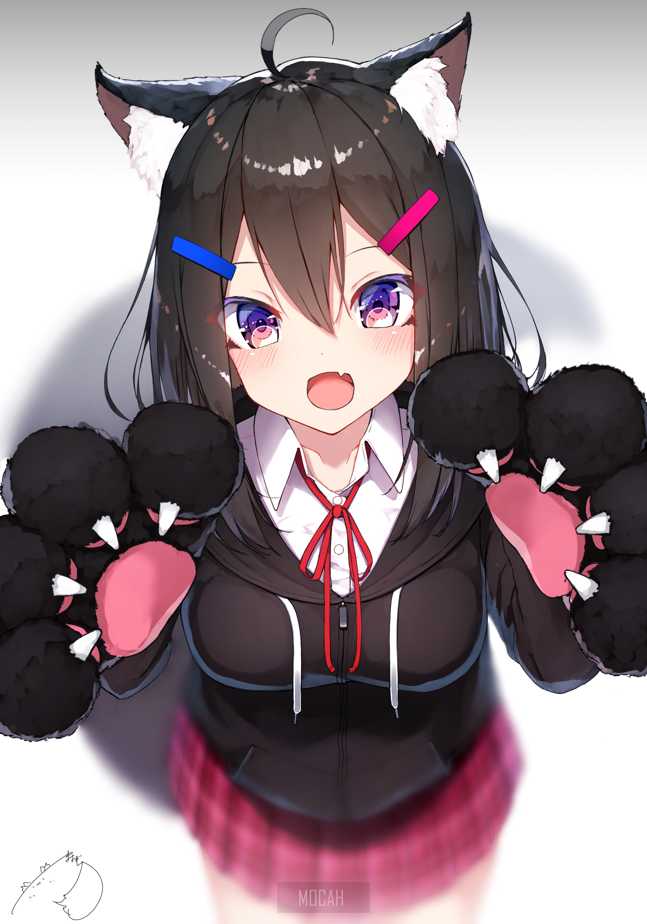 Anime girl with cat ears and paws HD Phone Wallpaper