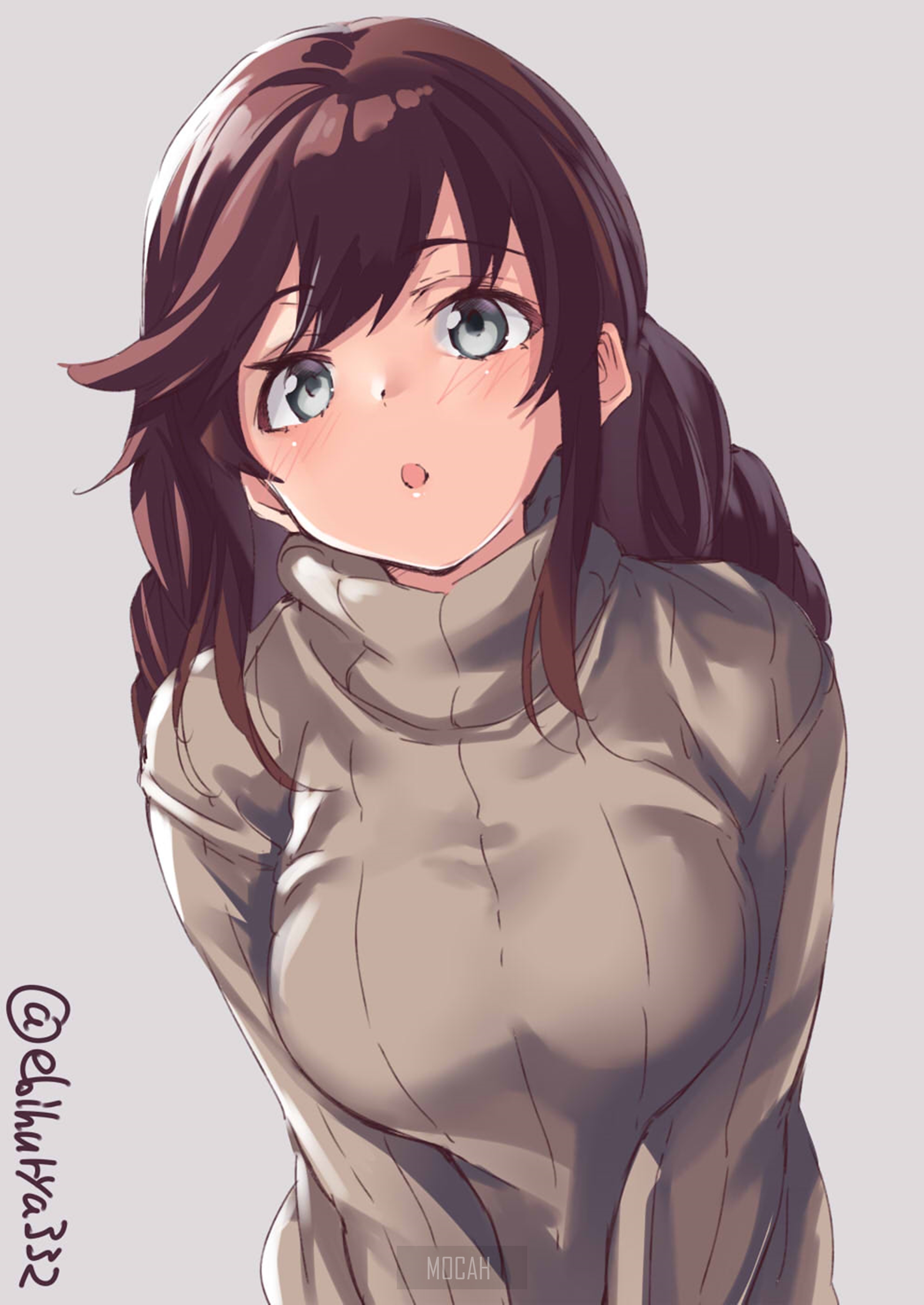 Anime girl with brown hair in a sweater HD Phone Wallpaper