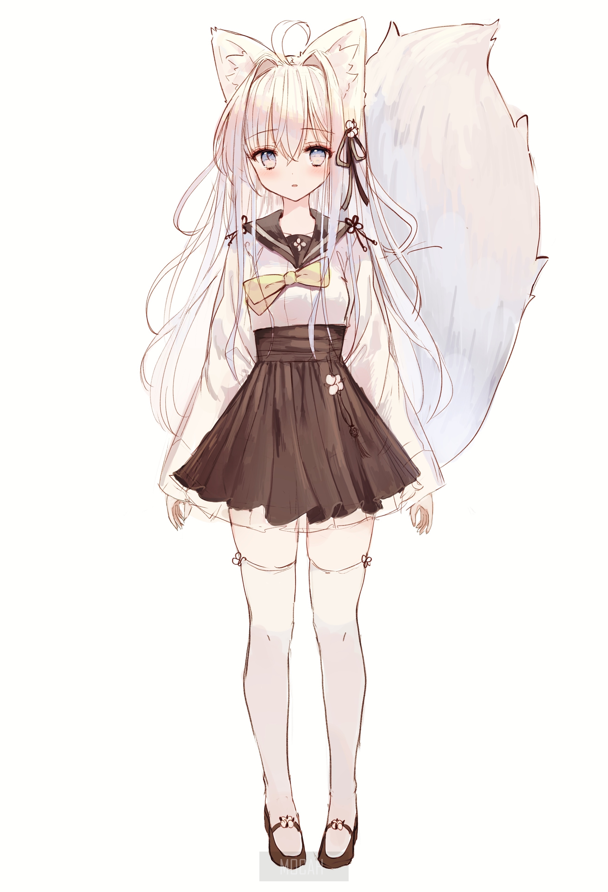Anime girl with fox ears and tail HD Phone Wallpaper