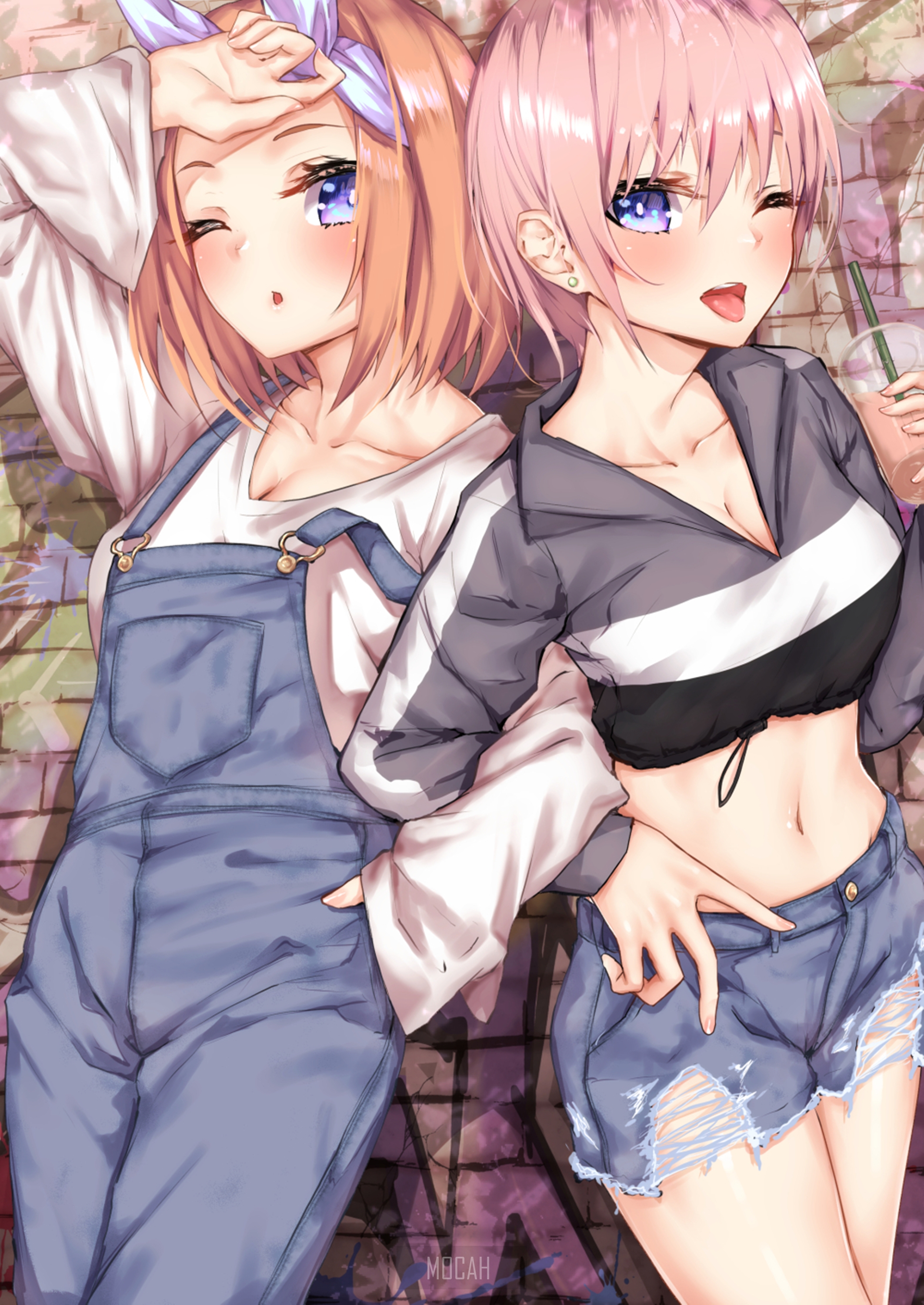 Two anime girls in casual outfits leaning against a wall HD Phone Wallpaper