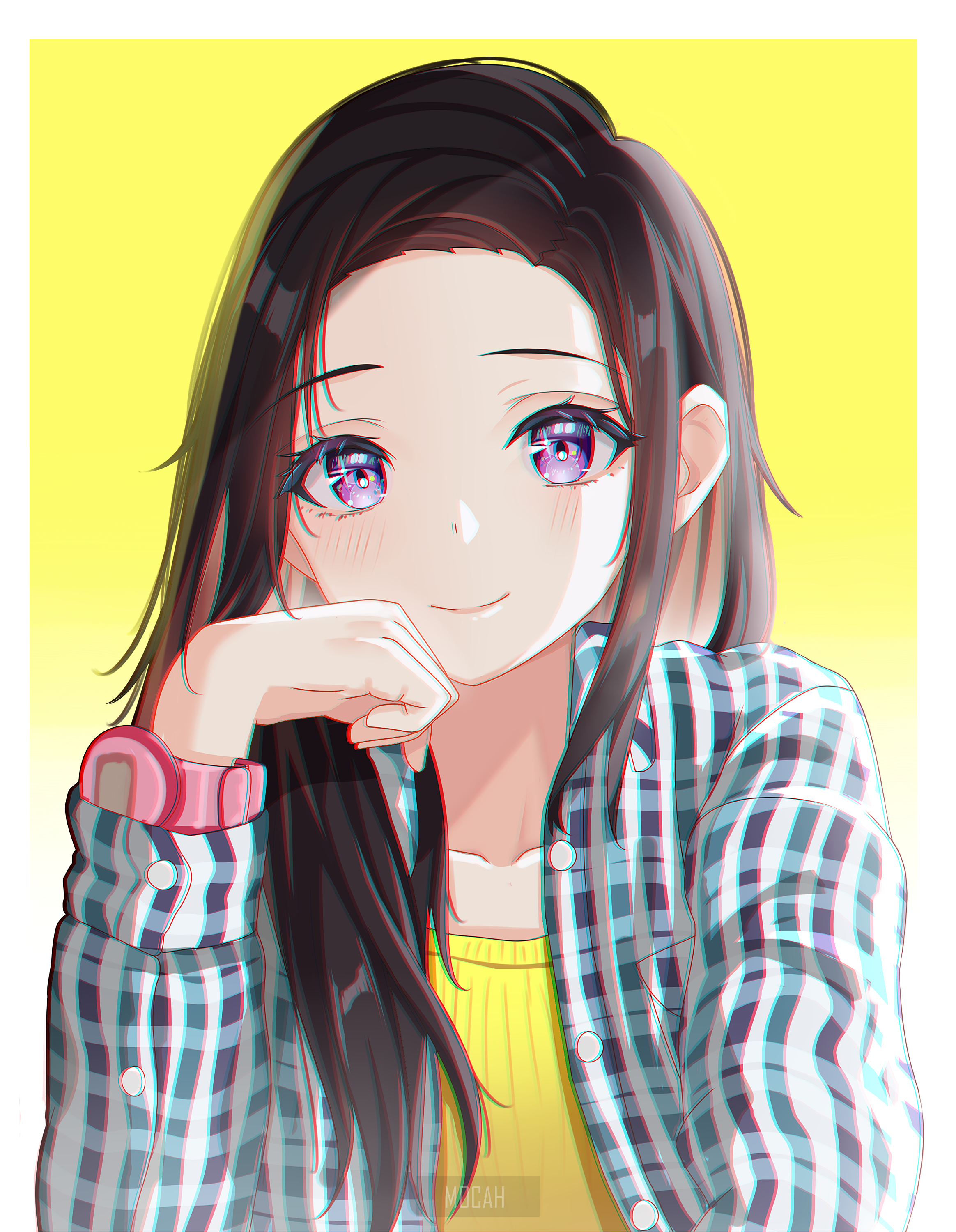 Anime girl with purple eyes and plaid shirt HD Phone Wallpaper