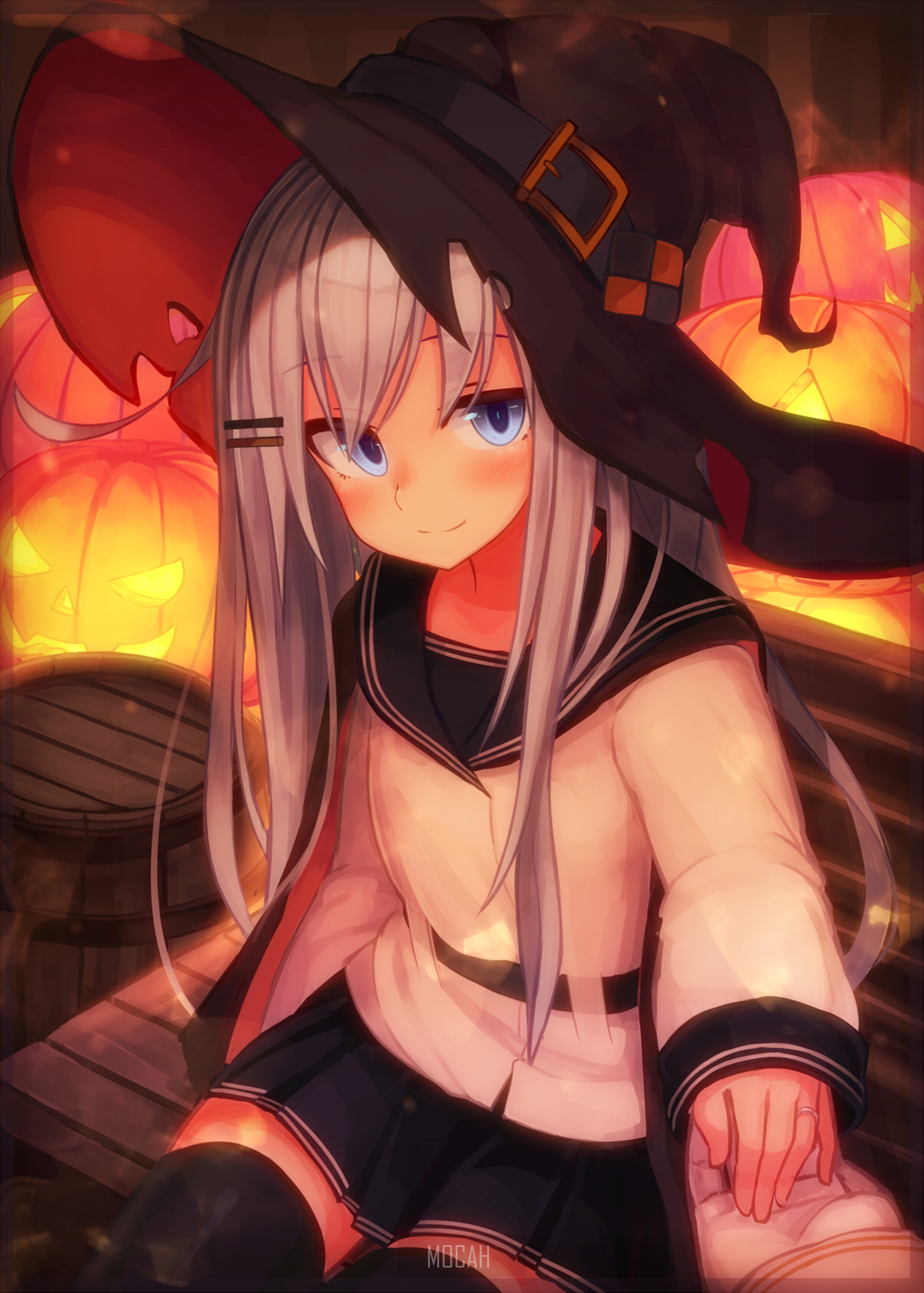 Anime girl in witch hat with pumpkins HD Phone Wallpaper
