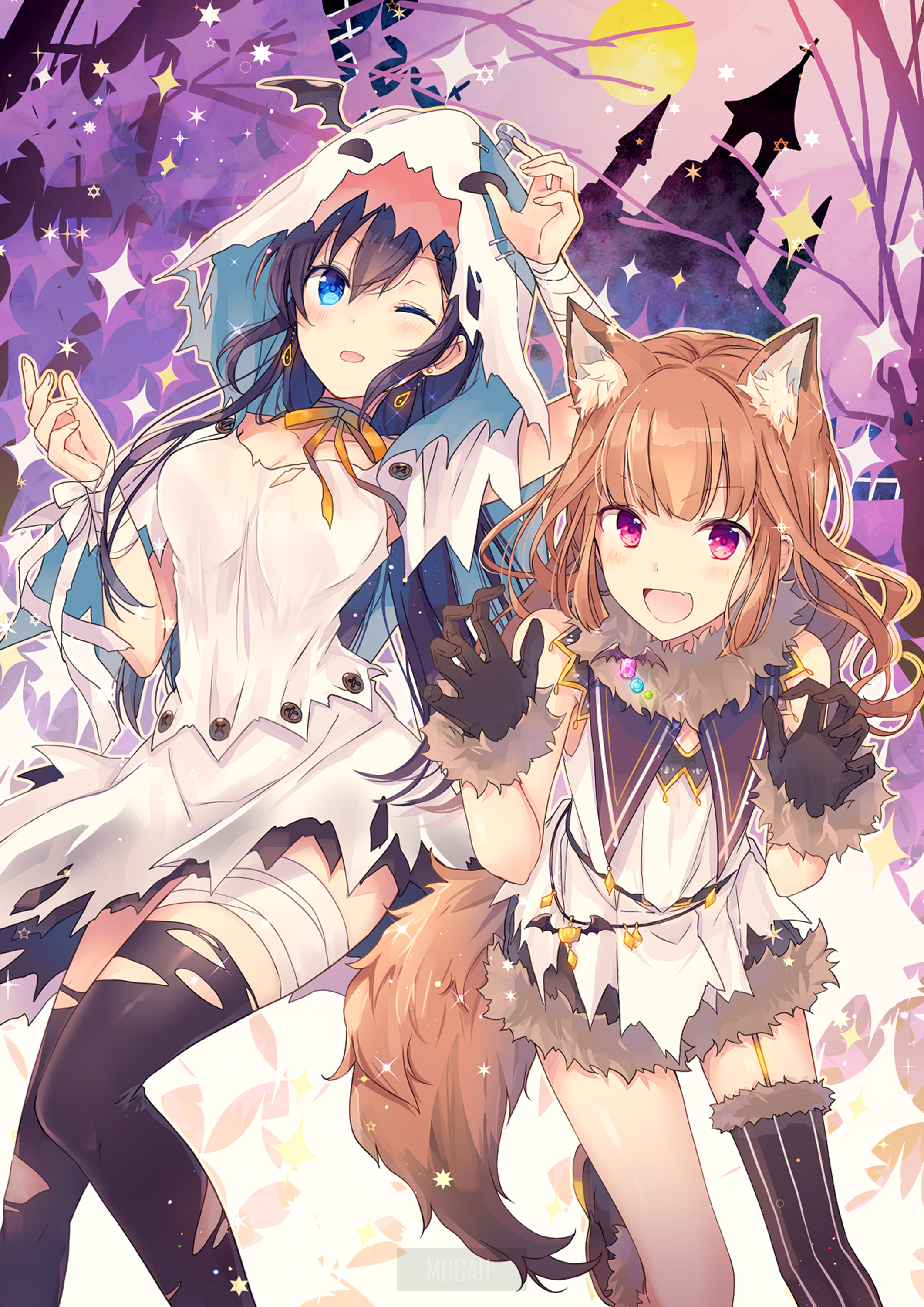 Two anime girls in Halloween costumes HD Phone Wallpaper