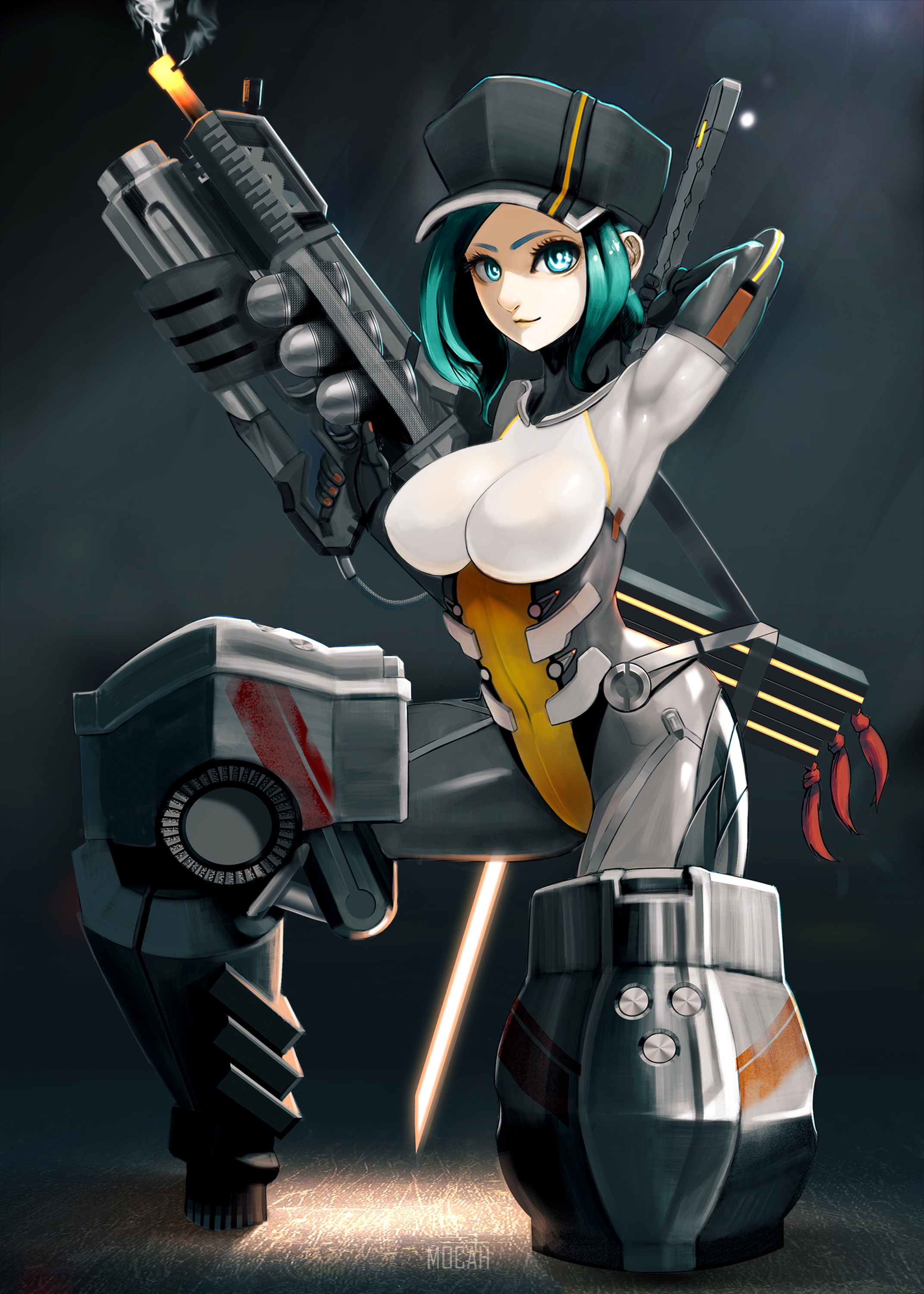 Anime girl with futuristic weapon and cybernetic legs HD Phone Wallpaper
