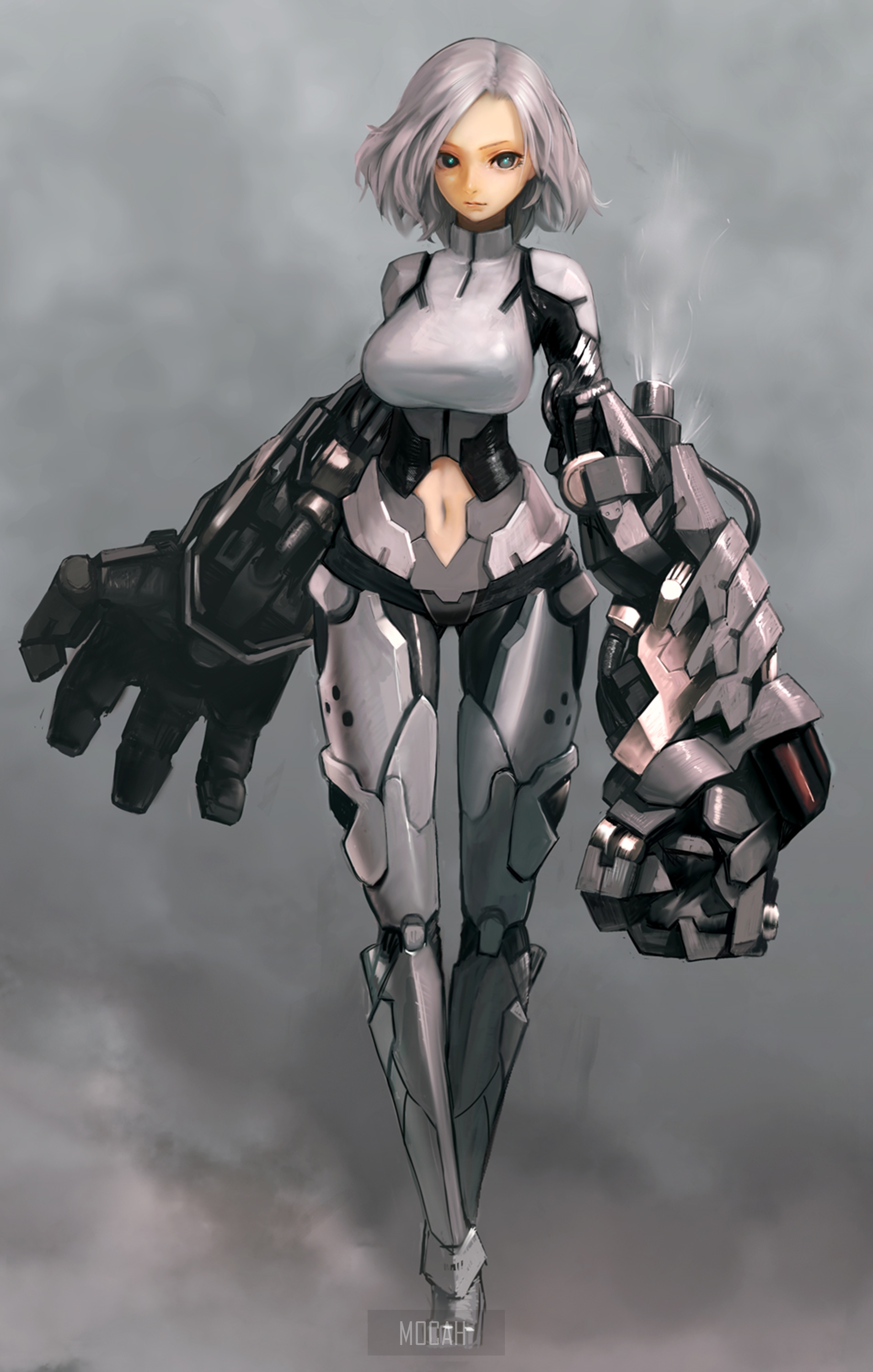 Anime girl in futuristic armor with robotic arms HD Phone Wallpaper