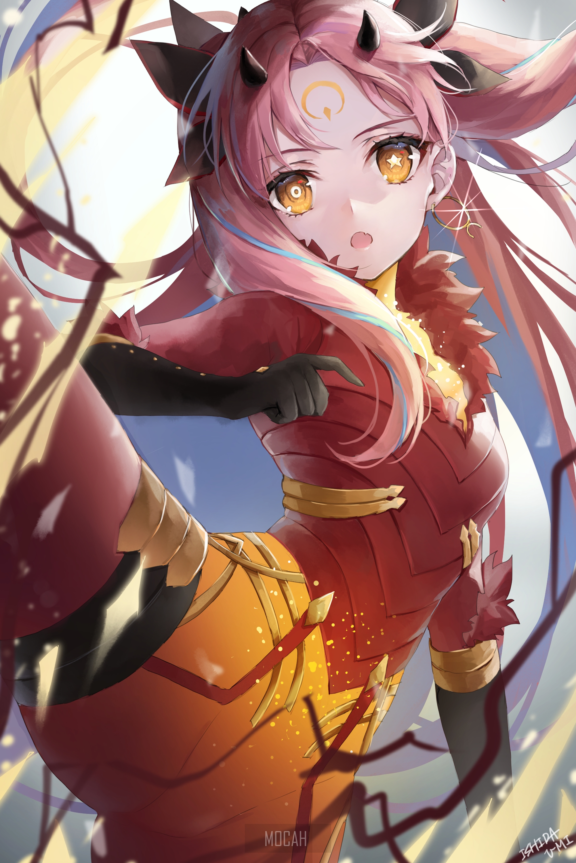 Anime girl with horns and pink hair HD Phone Wallpaper