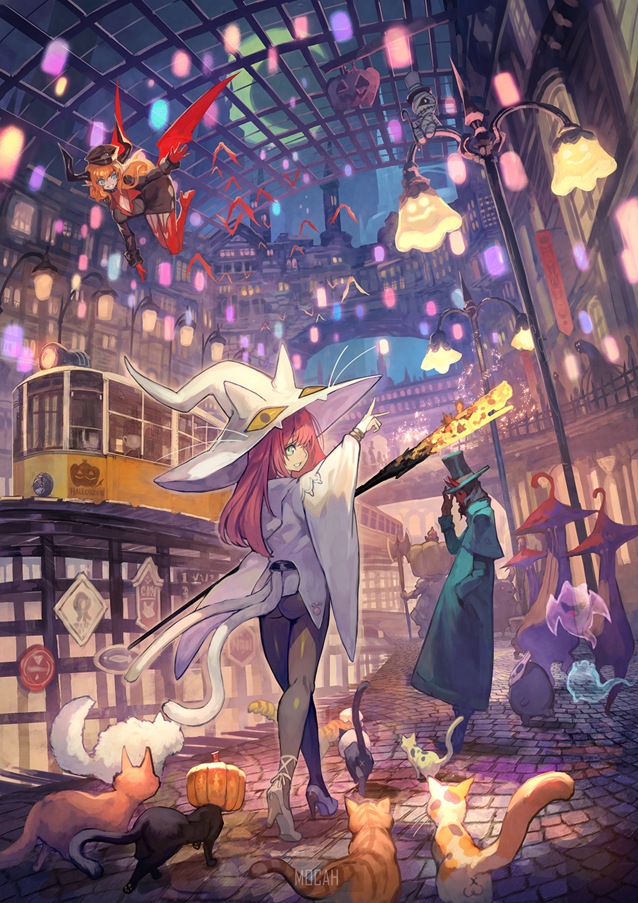 Anime witch with cats and Halloween decorations HD Phone Wallpaper