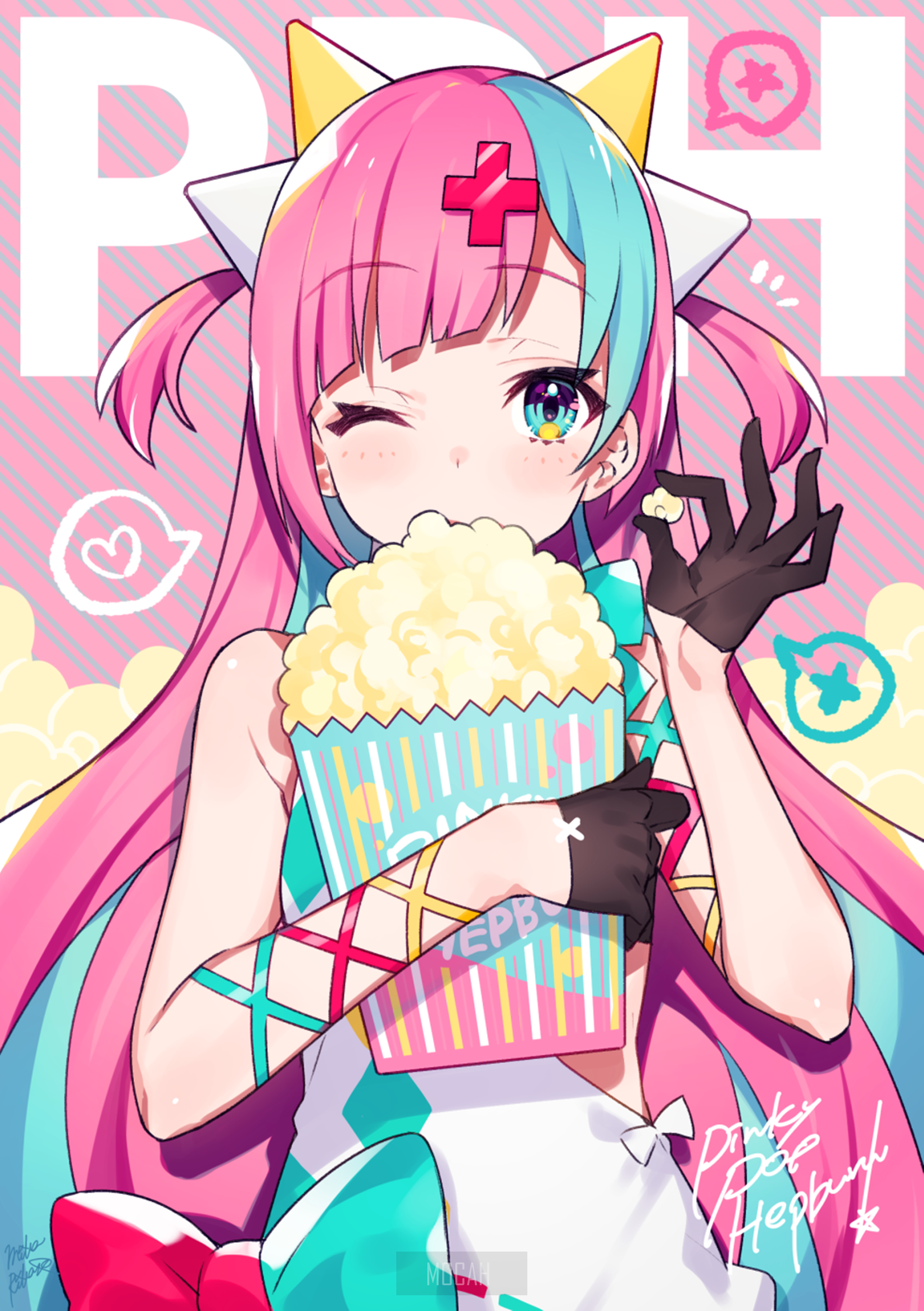 Anime girl with pink and blue hair eating popcorn HD Phone Wallpaper