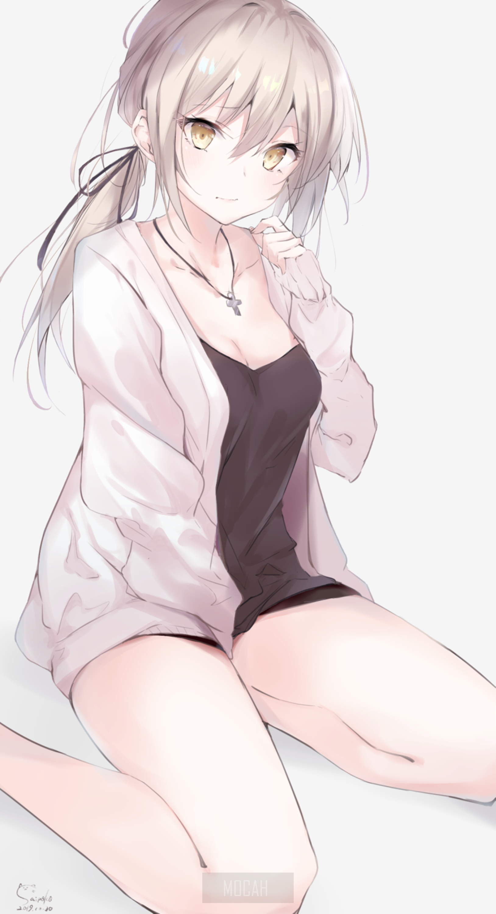 Anime girl with blonde hair wearing a cardigan and tank top HD Phone Wallpaper
