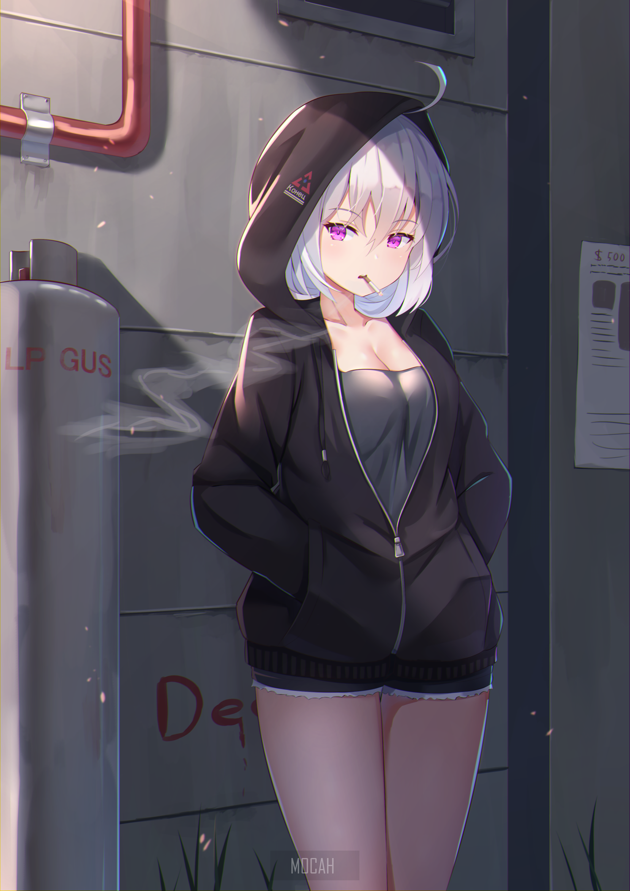 Anime girl with white hair smoking a cigarette HD Phone Wallpaper