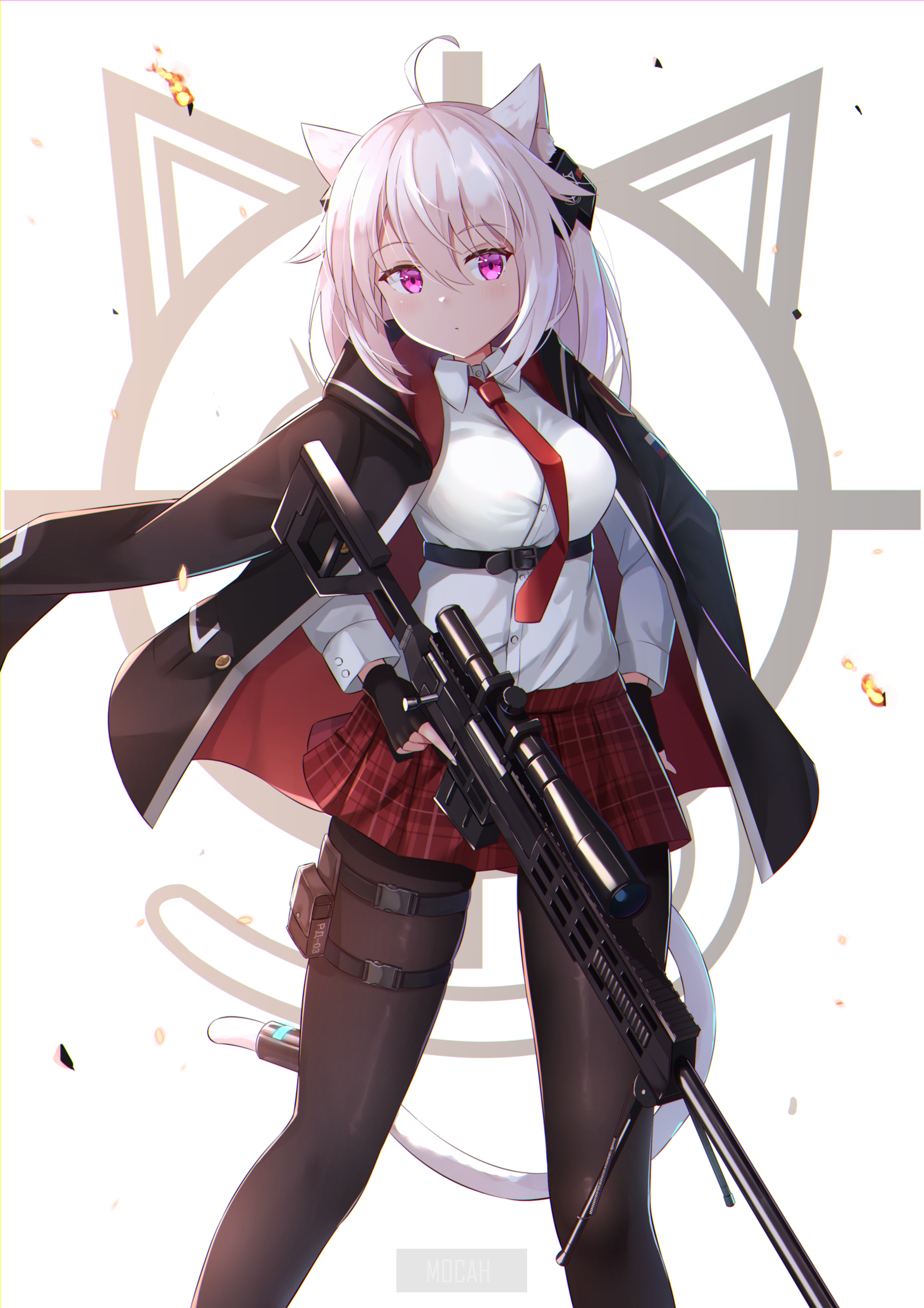 Anime girl with cat ears holding a sniper rifle HD Phone Wallpaper