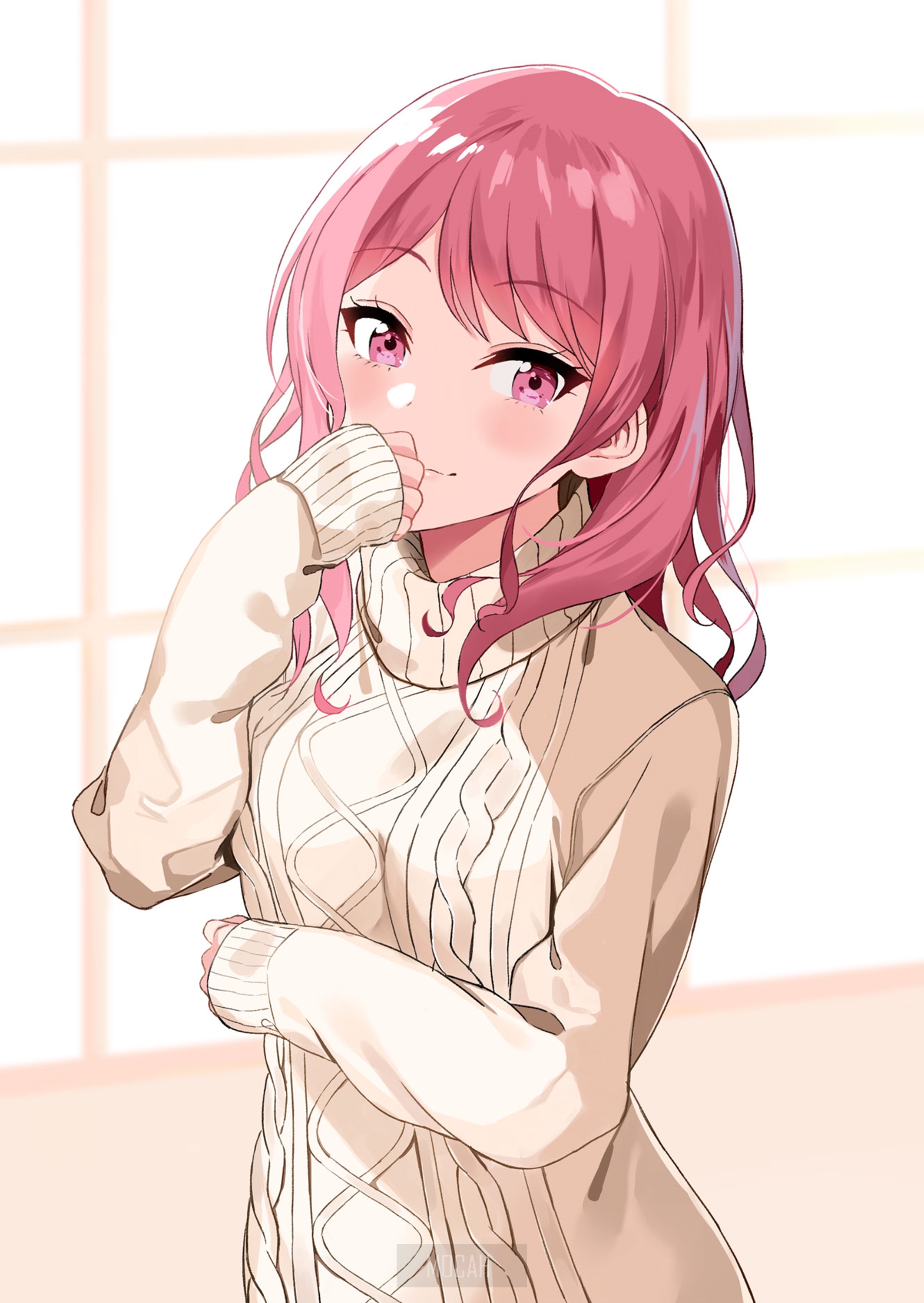 Anime girl with pink hair wearing a sweater HD Phone Wallpaper