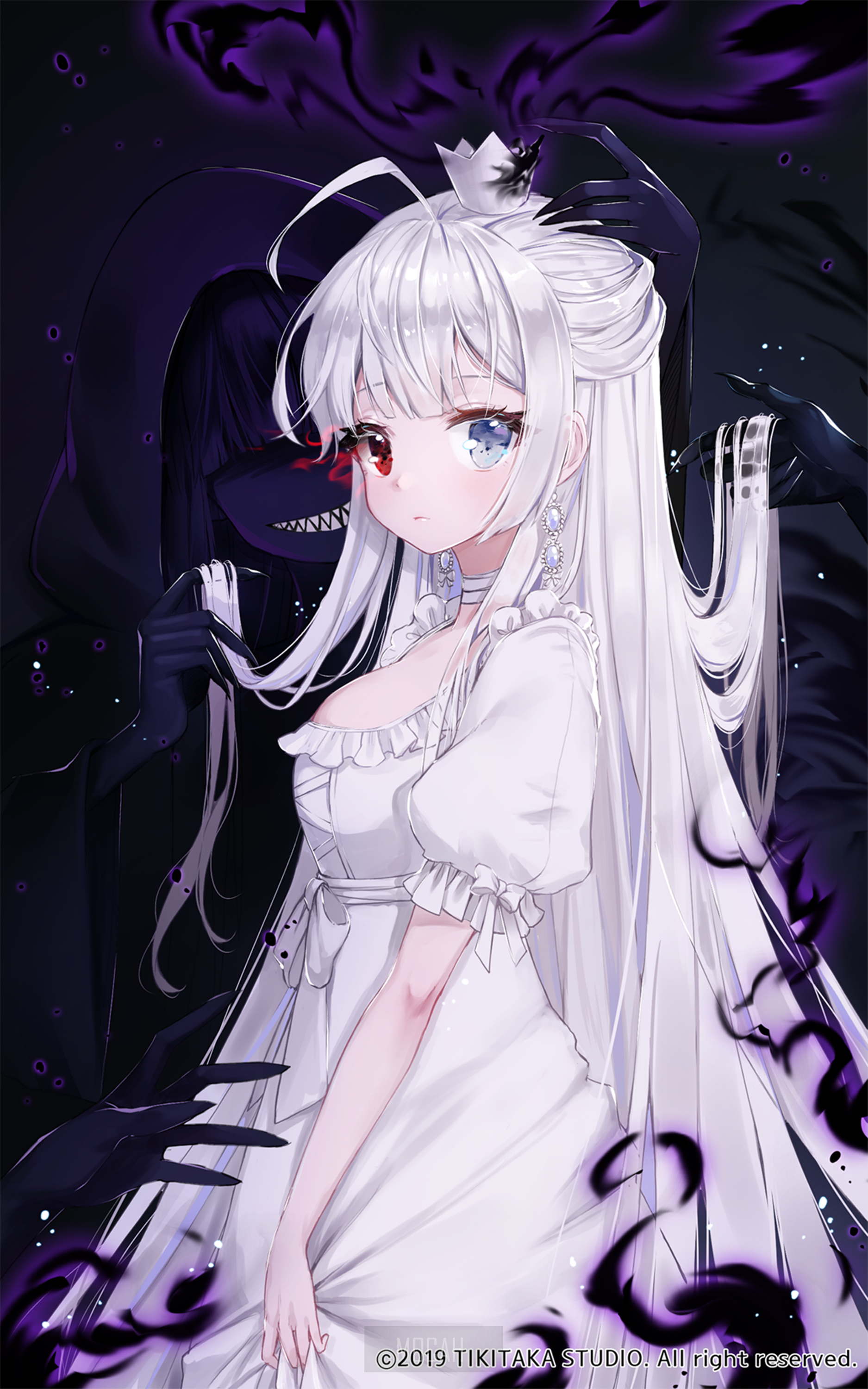 Anime girl with white hair and dark entity HD Phone Wallpaper