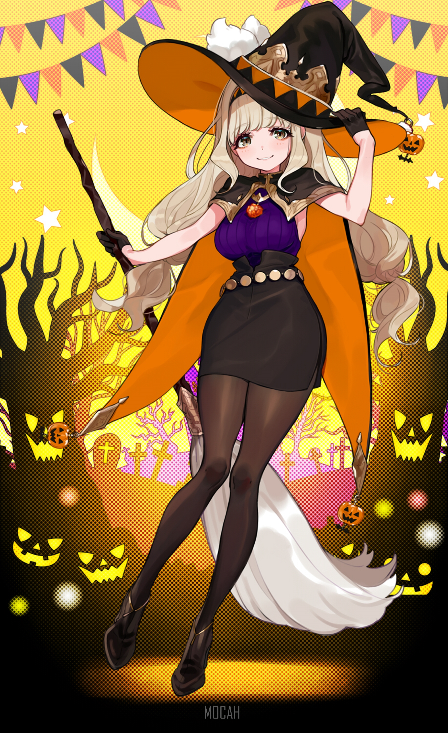 Anime witch girl with Halloween theme HD Phone Wallpaper