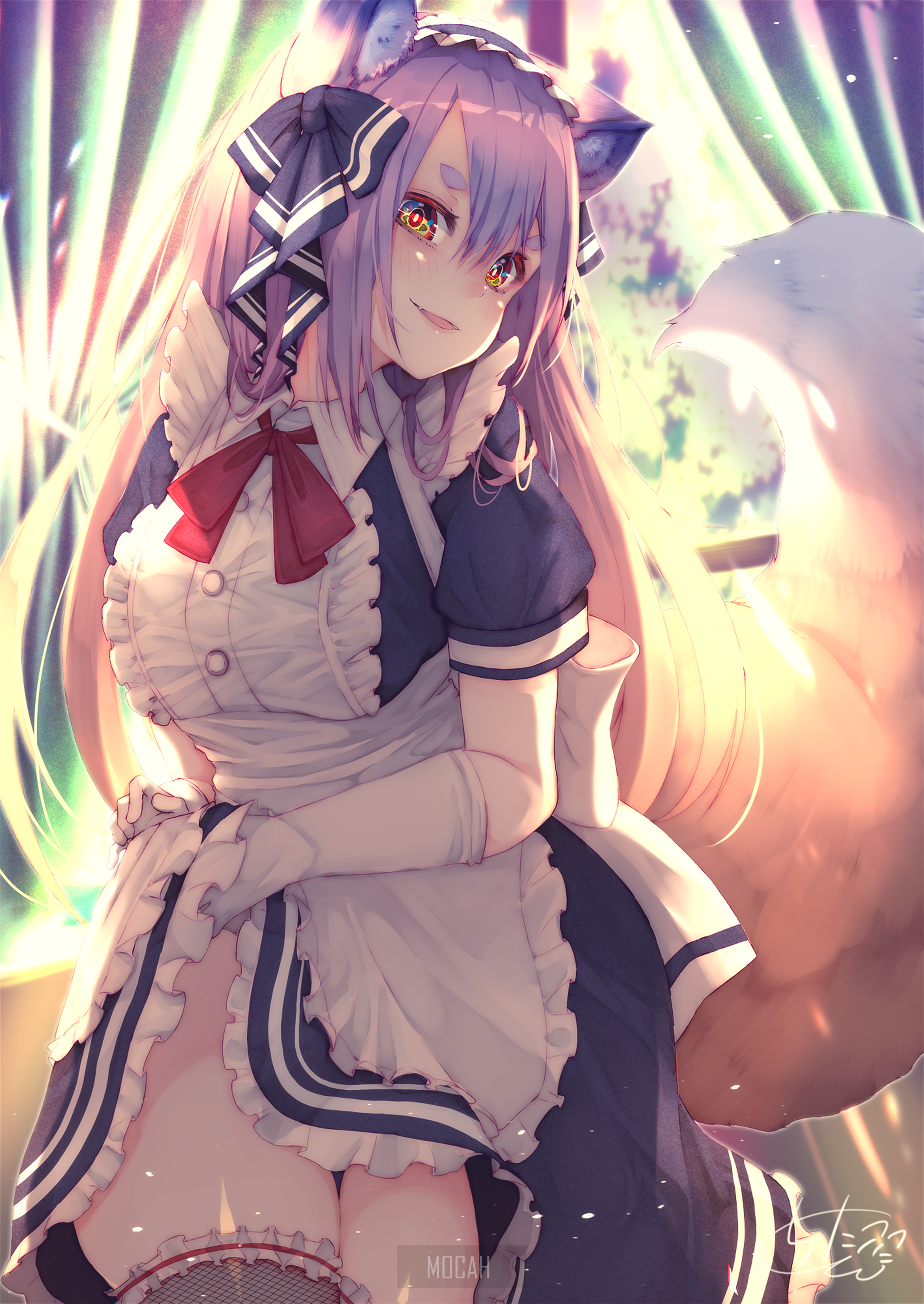 Anime girl with fox ears and tail in maid outfit HD Phone Wallpaper