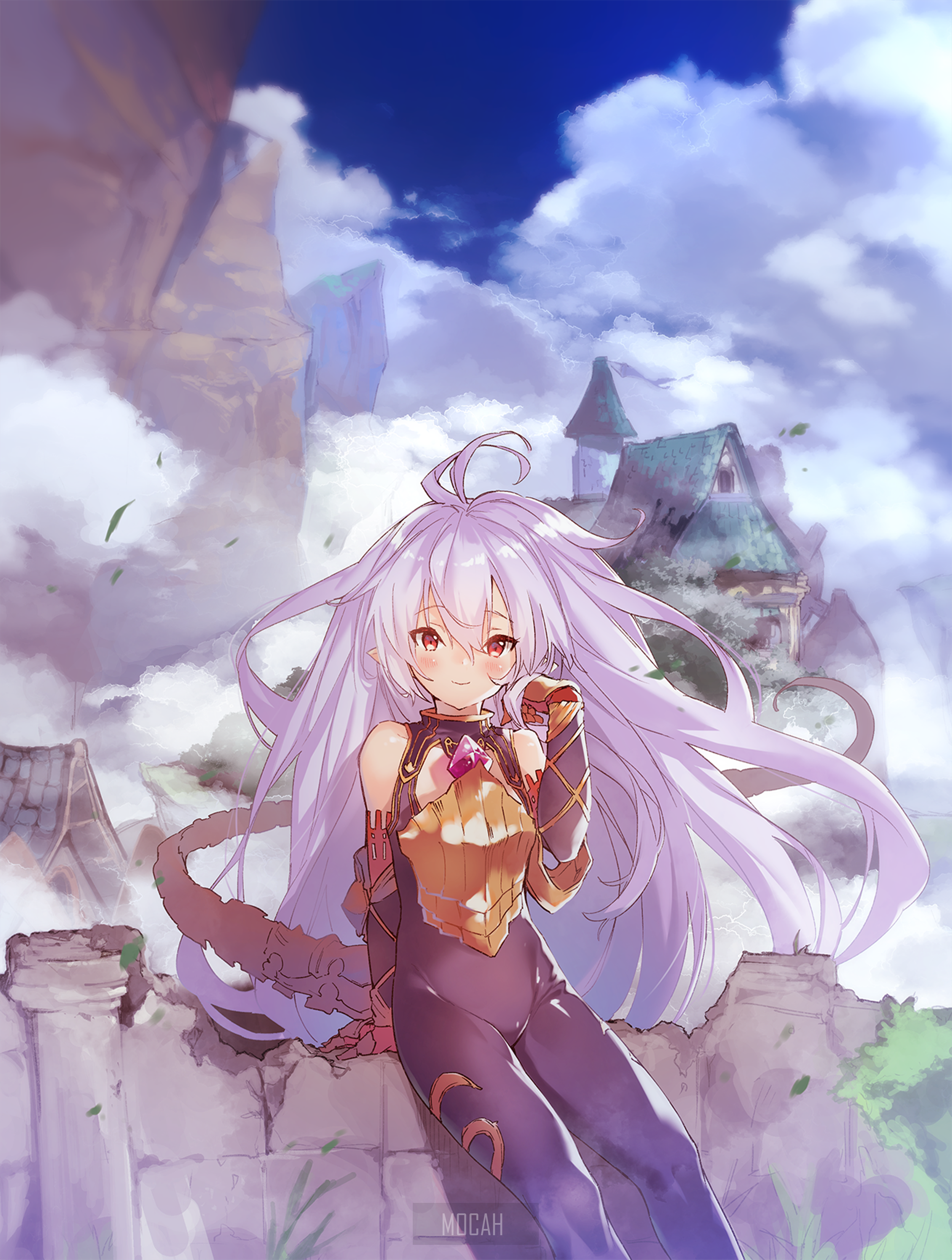 Anime girl with long purple hair in fantasy setting HD Phone Wallpaper