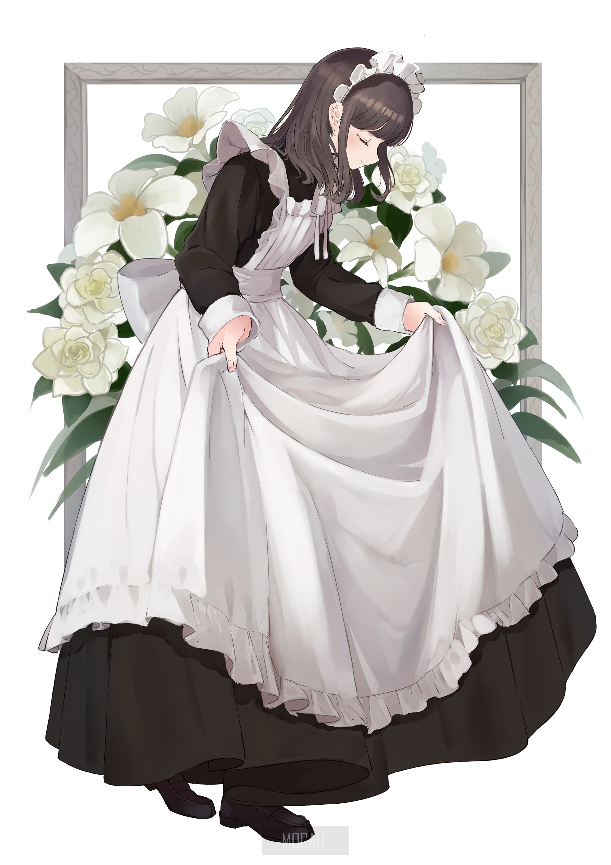 Anime girl in maid outfit with white flowers HD Phone Wallpaper