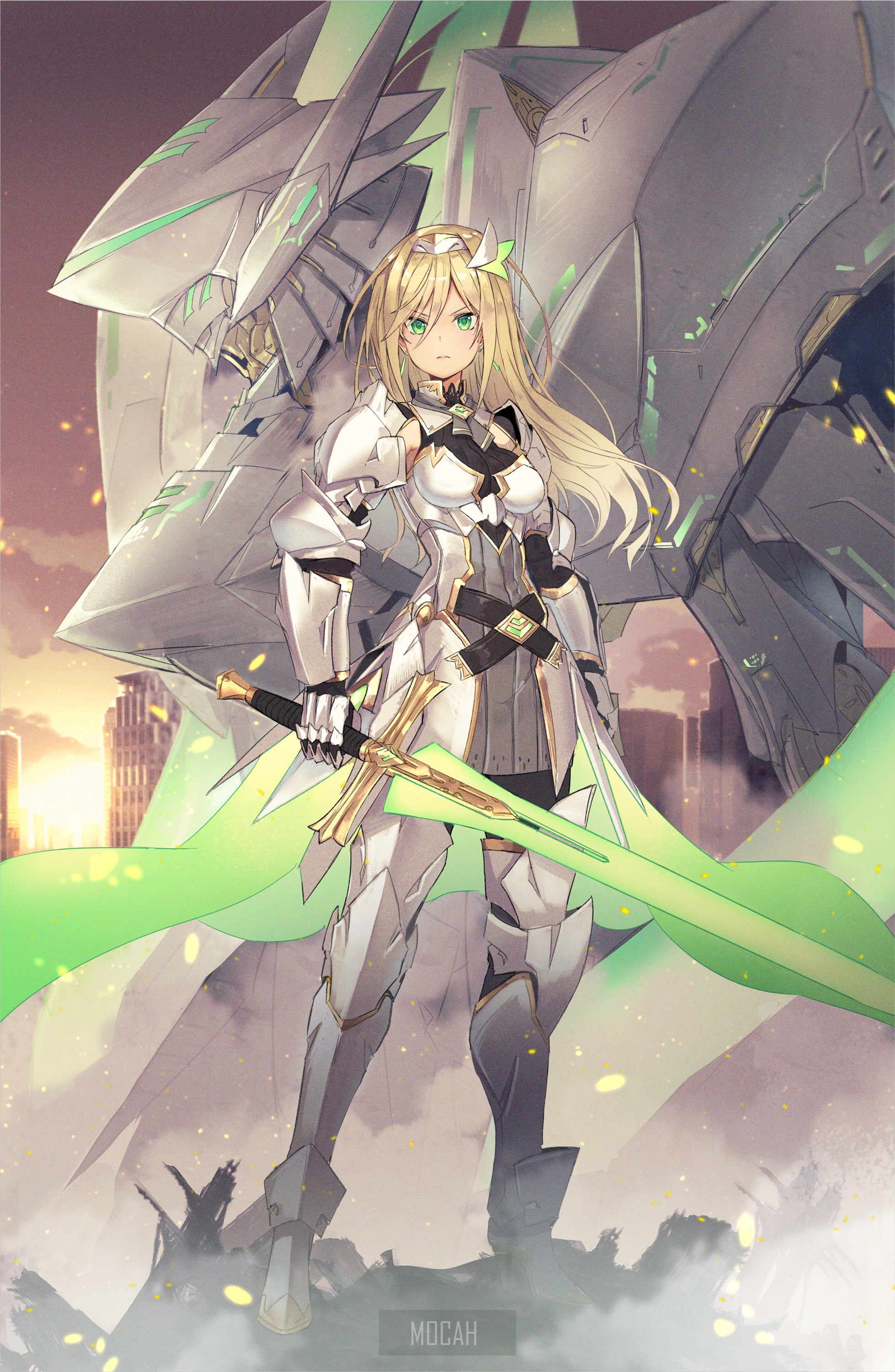 Anime girl in armor with a giant robot HD Phone Wallpaper