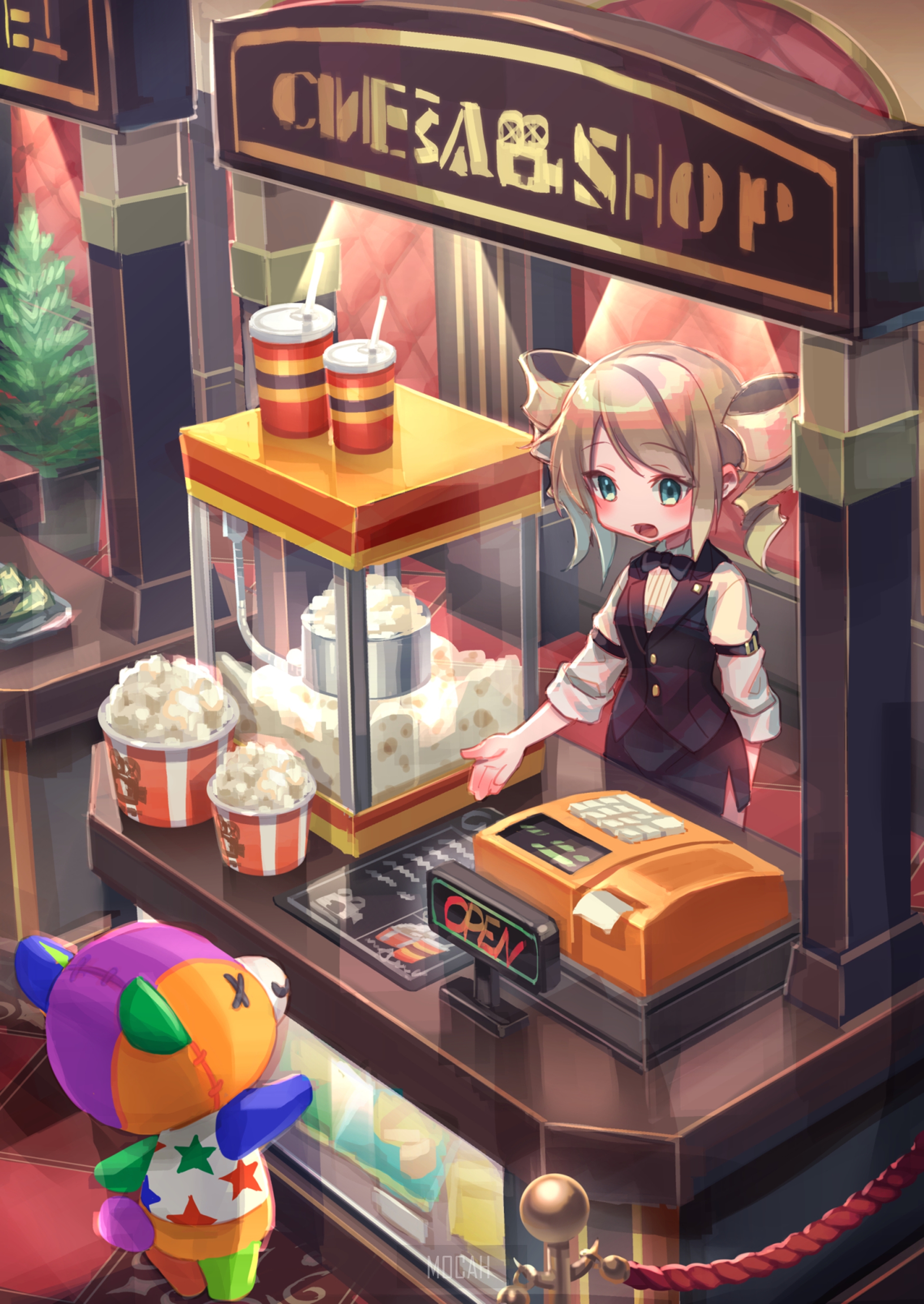 Anime girl working at a popcorn shop HD Phone Wallpaper