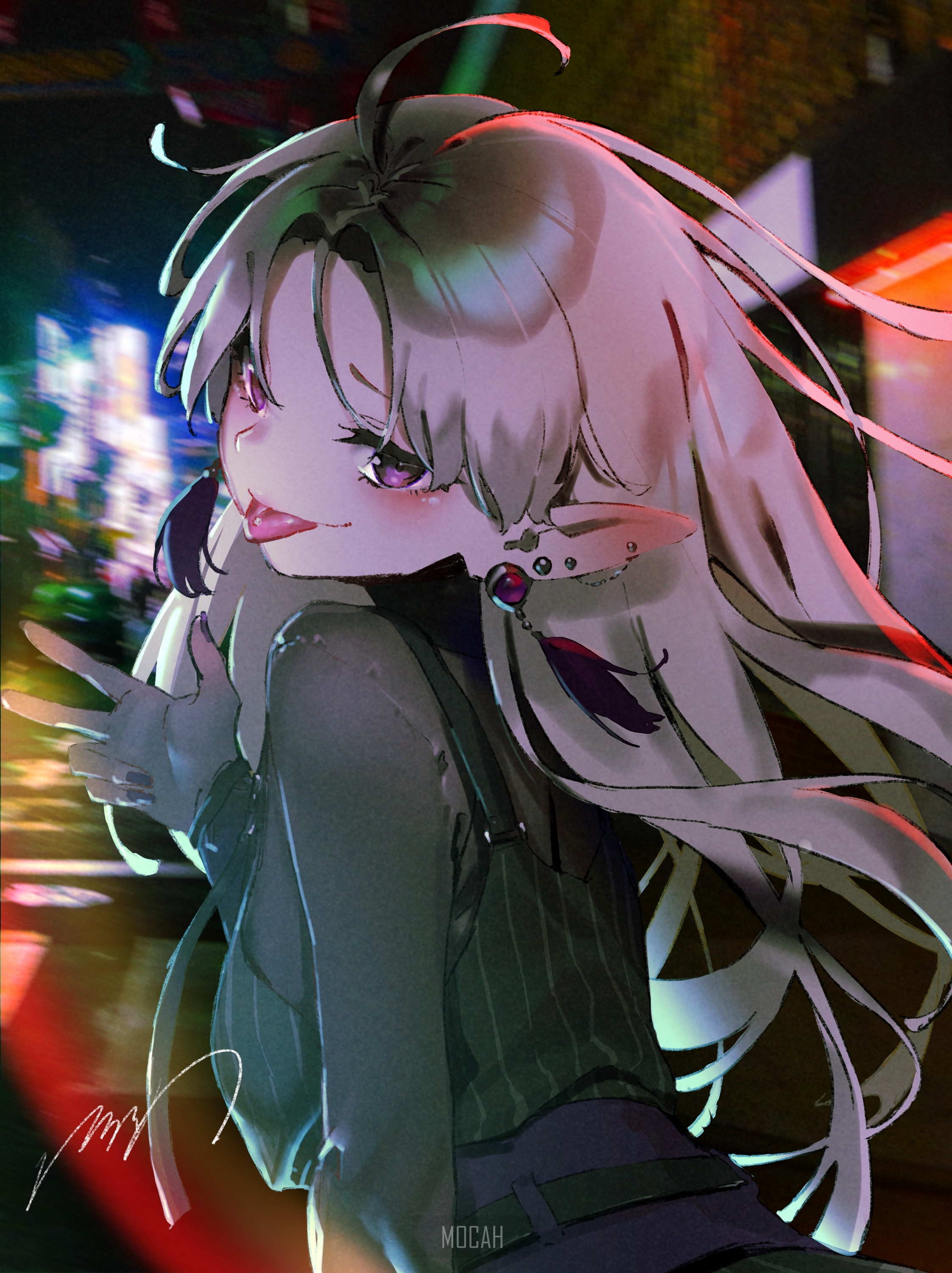 Anime girl with long white hair in a city at night HD Phone Wallpaper