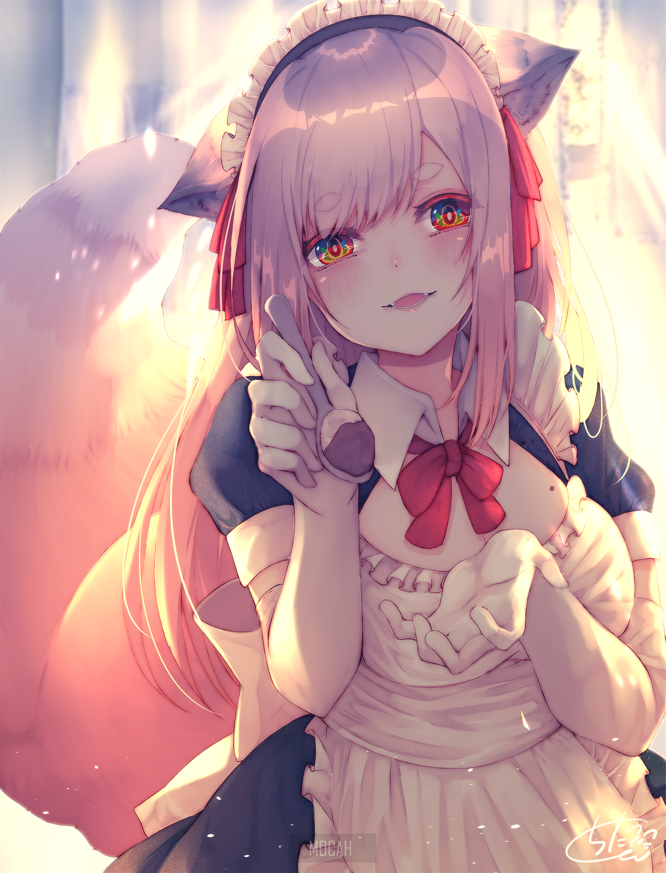 Anime girl with fox ears and tail in maid outfit HD Phone Wallpaper