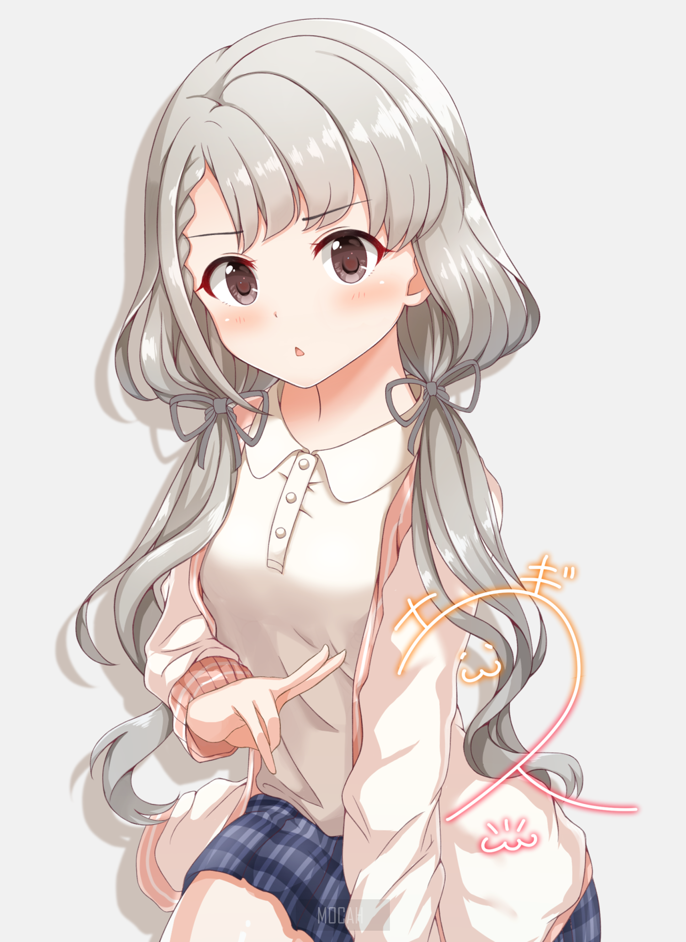 Anime girl with grey hair and blue skirt HD Phone Wallpaper