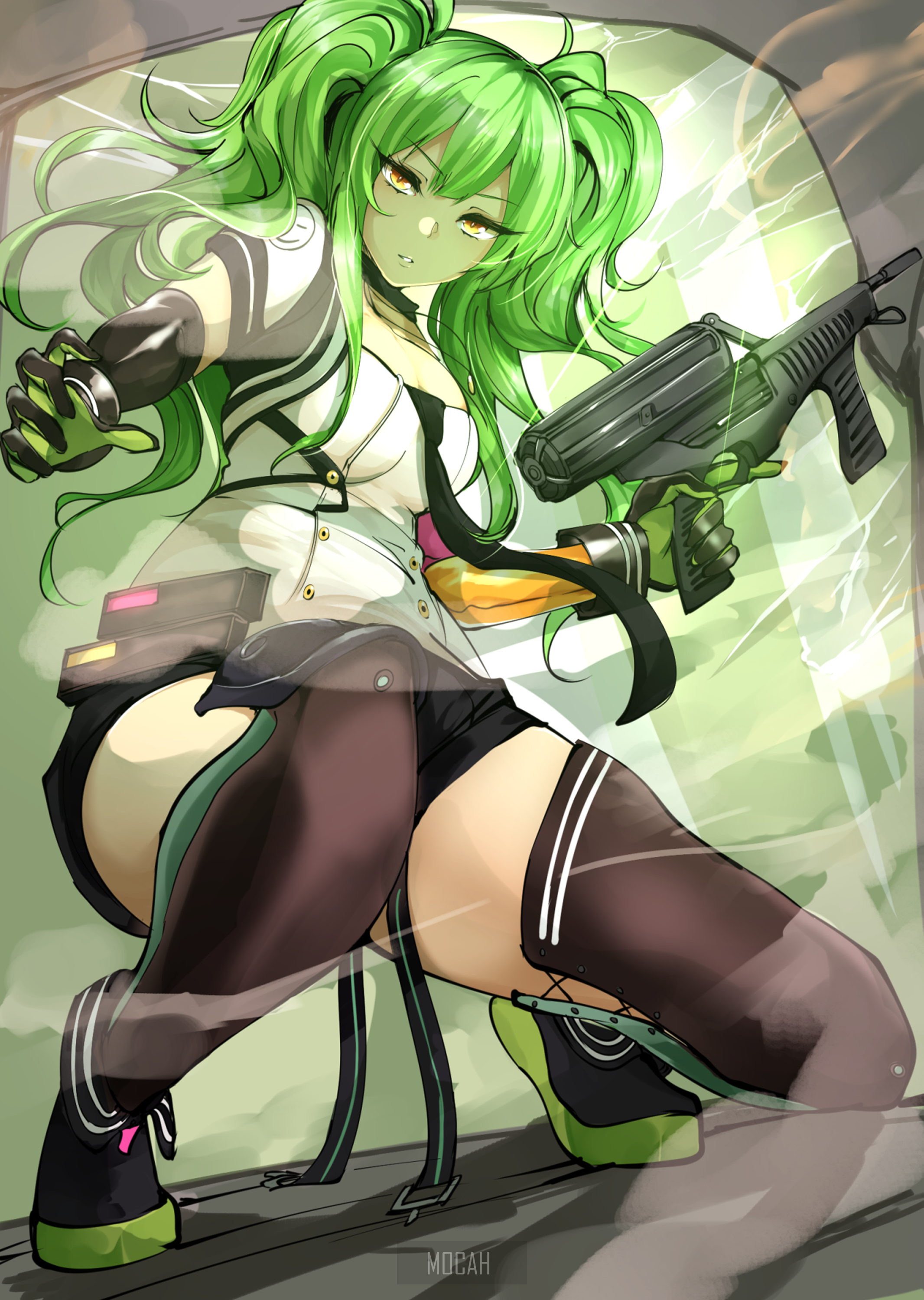 Anime girl with green hair holding a gun HD Phone Wallpaper